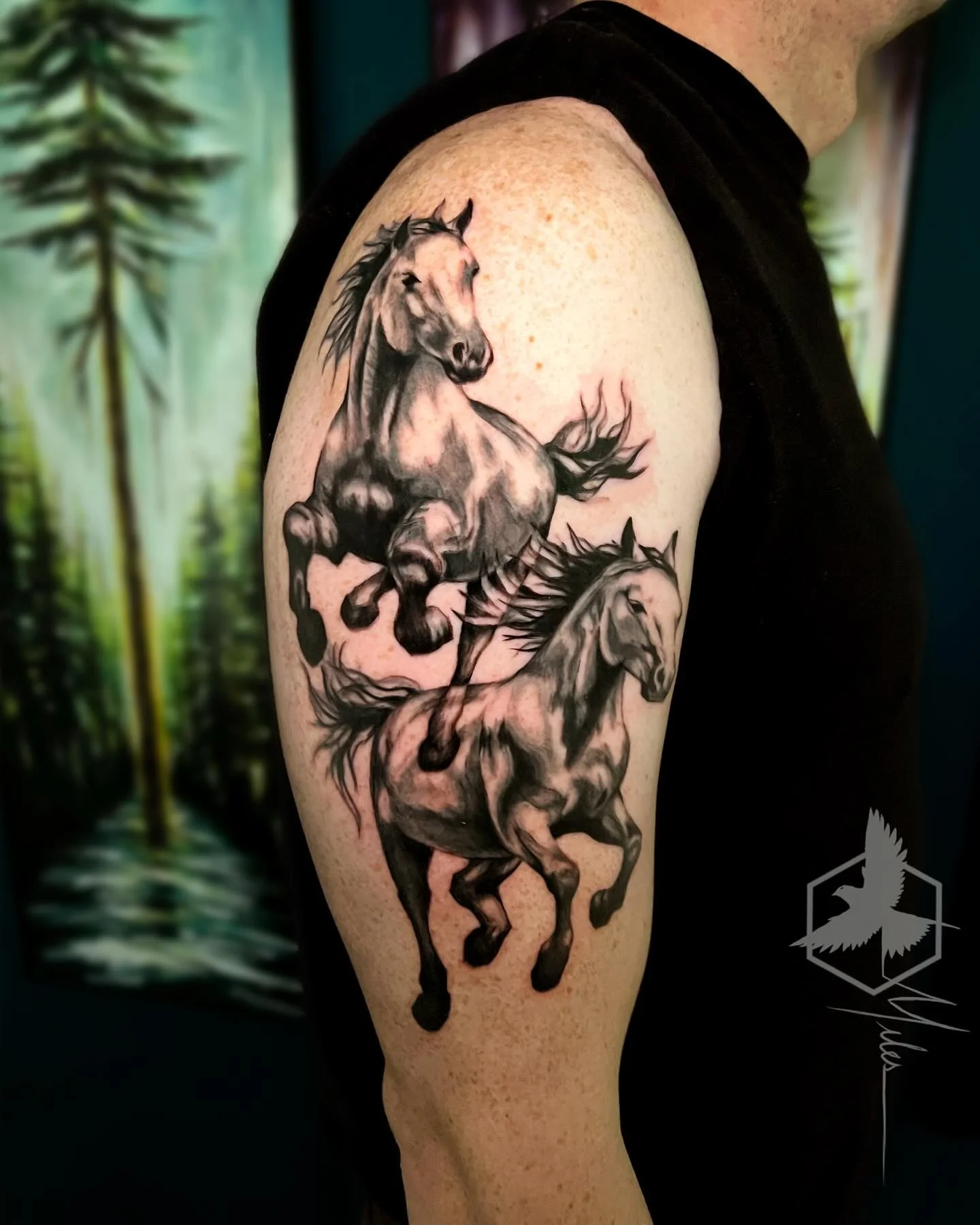 Recently had the honor of tattooing one of my oldest friends from high school.  Two horses symbolizing his two daughters. Thanks so much for the trust Kevin!