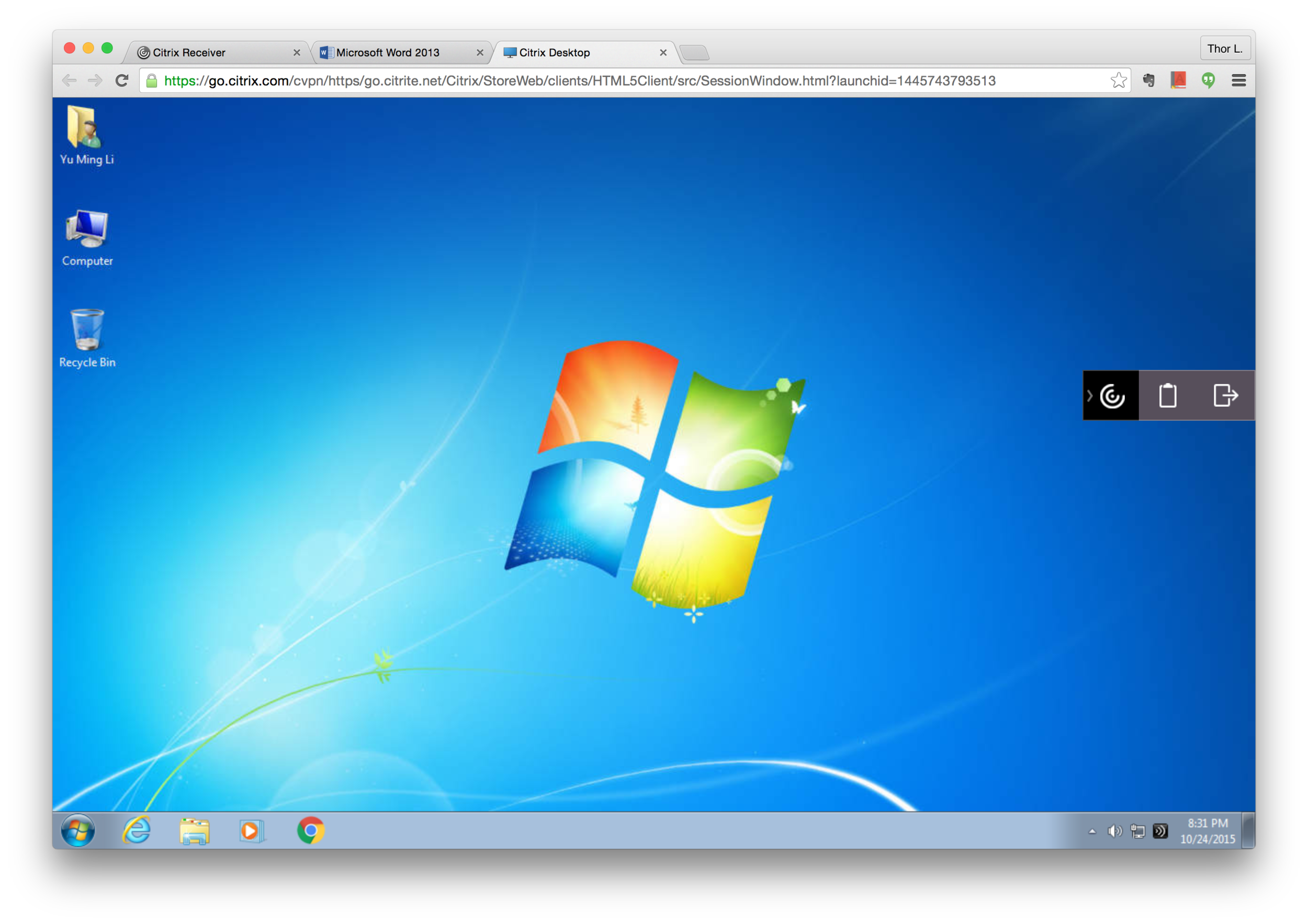  Virtual desktop (Windows 7) on Chrome browser on Mac 