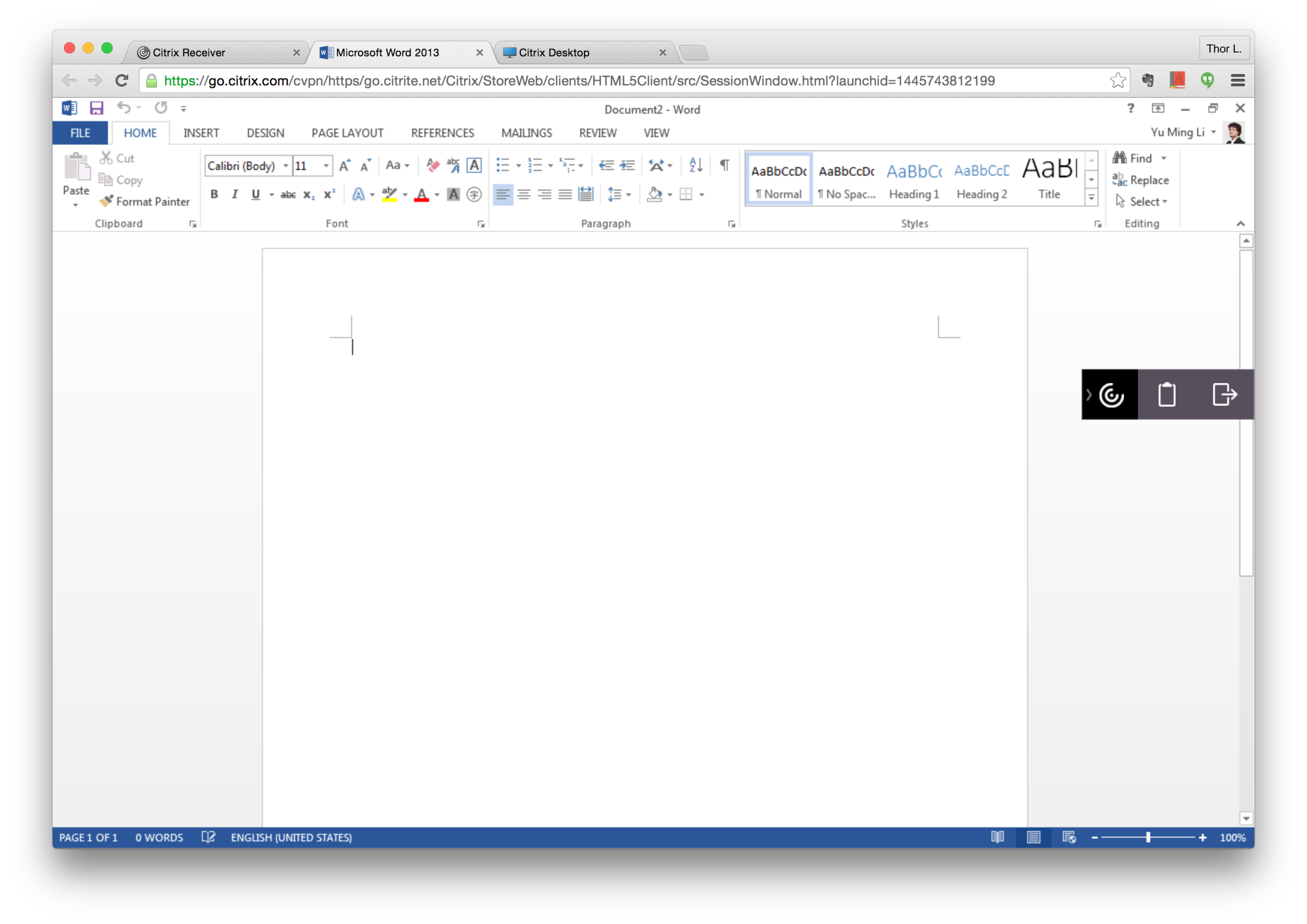 Virtual app (Microsoft Word 2013) on Chrome browser on Mac 