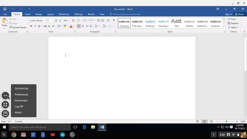   Citrix Receiver for Chromebook  Menu, opened 