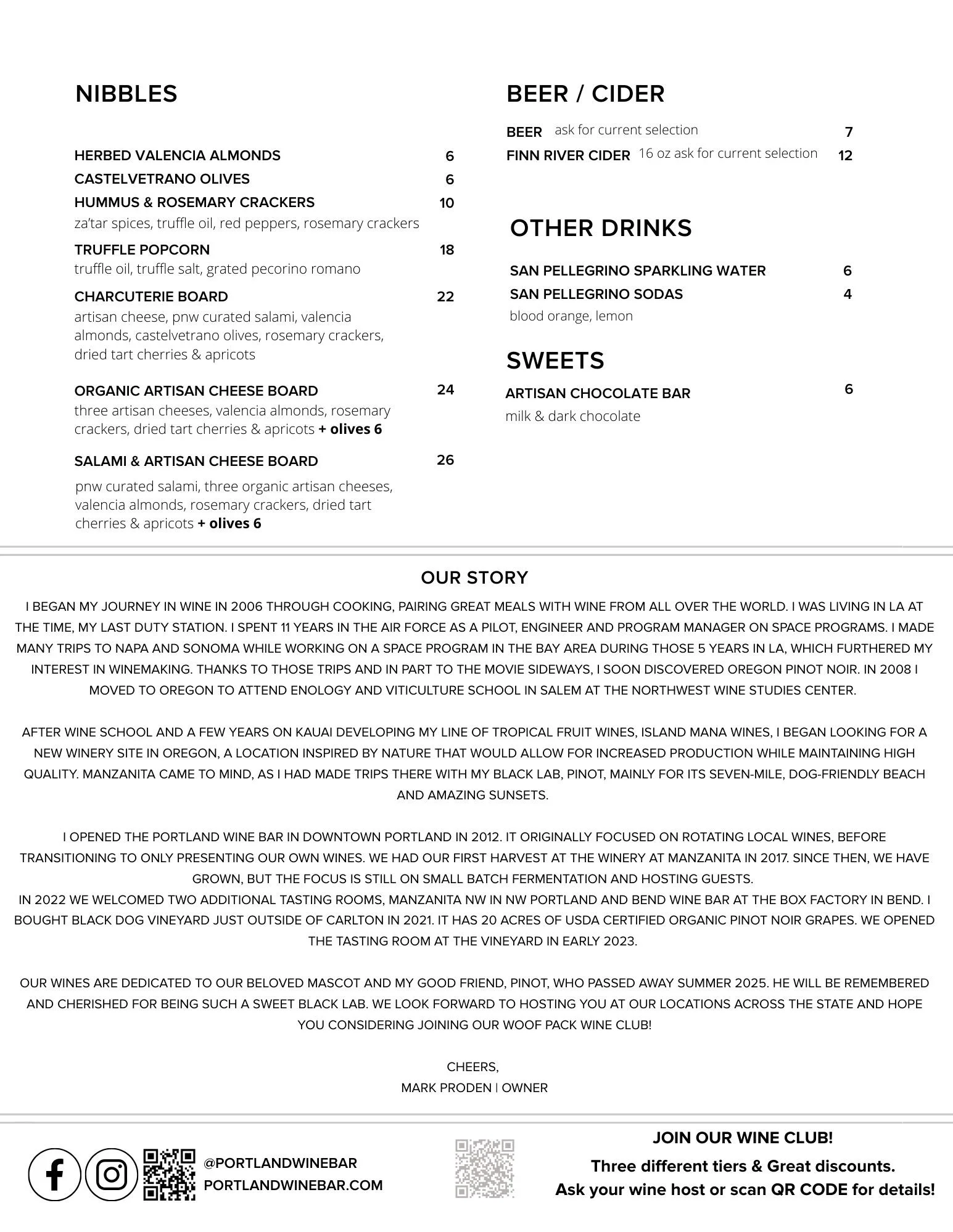 Wine and Food Menu | Portland Wine Bar - Local Oregon & Washington Wines