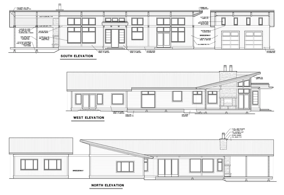 The elevations of the 'Aldergrove Residence' drawn in a 2D program.