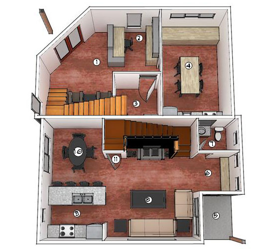 Building 1 First Floor Plan_(1) Office Entry (2) Reception (3) Office Bathroom (4) Conference Room (5) Townhouse Covered Porch (6) Entry (7) Bathroom (8) Living (9) Kitchen (10) Dining (11) Storage