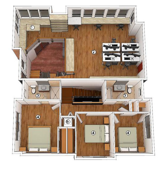 Building 1 Second Floor Plan (1) Office Library (2) Workspace (3)Townhouse Bathroom (4) Bedroom (5) Laundry