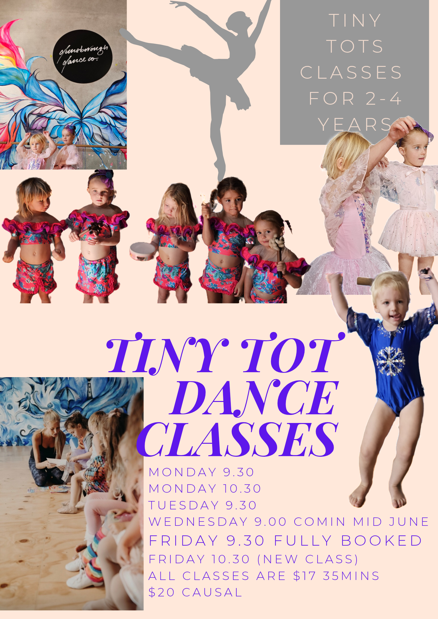 Poster advertising tiny tot dance classes for children aged 2-4, featuring photos of young girls in dance costumes and instructors, with class schedules and pricing details.
