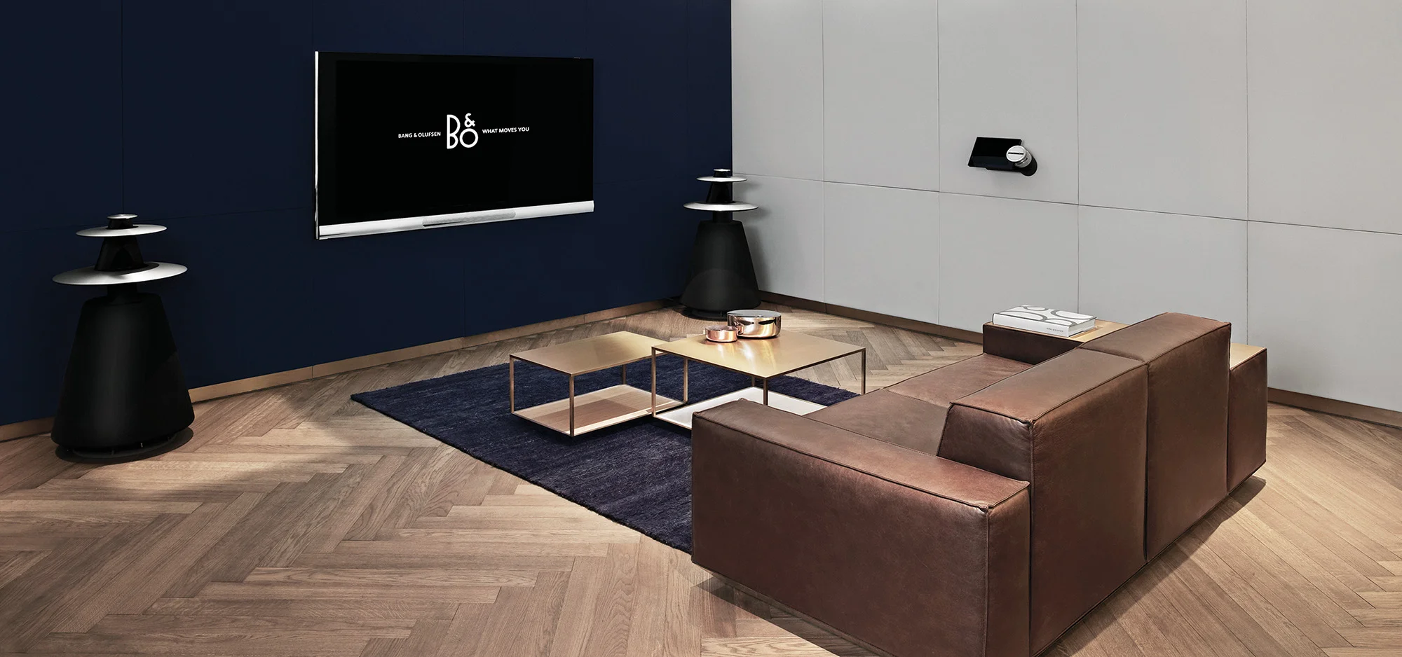 Bang &amp; Olufsen TV and loudspeakers shown in Copenhagen store with custom-designed furniture by Johannes Torpe