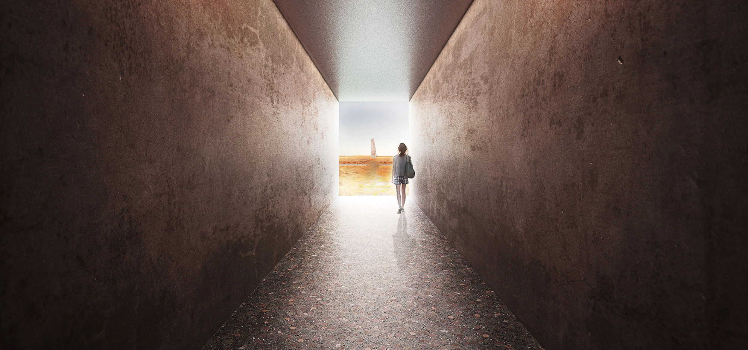 Woman walking through the red mountain resort concrete tunnel
