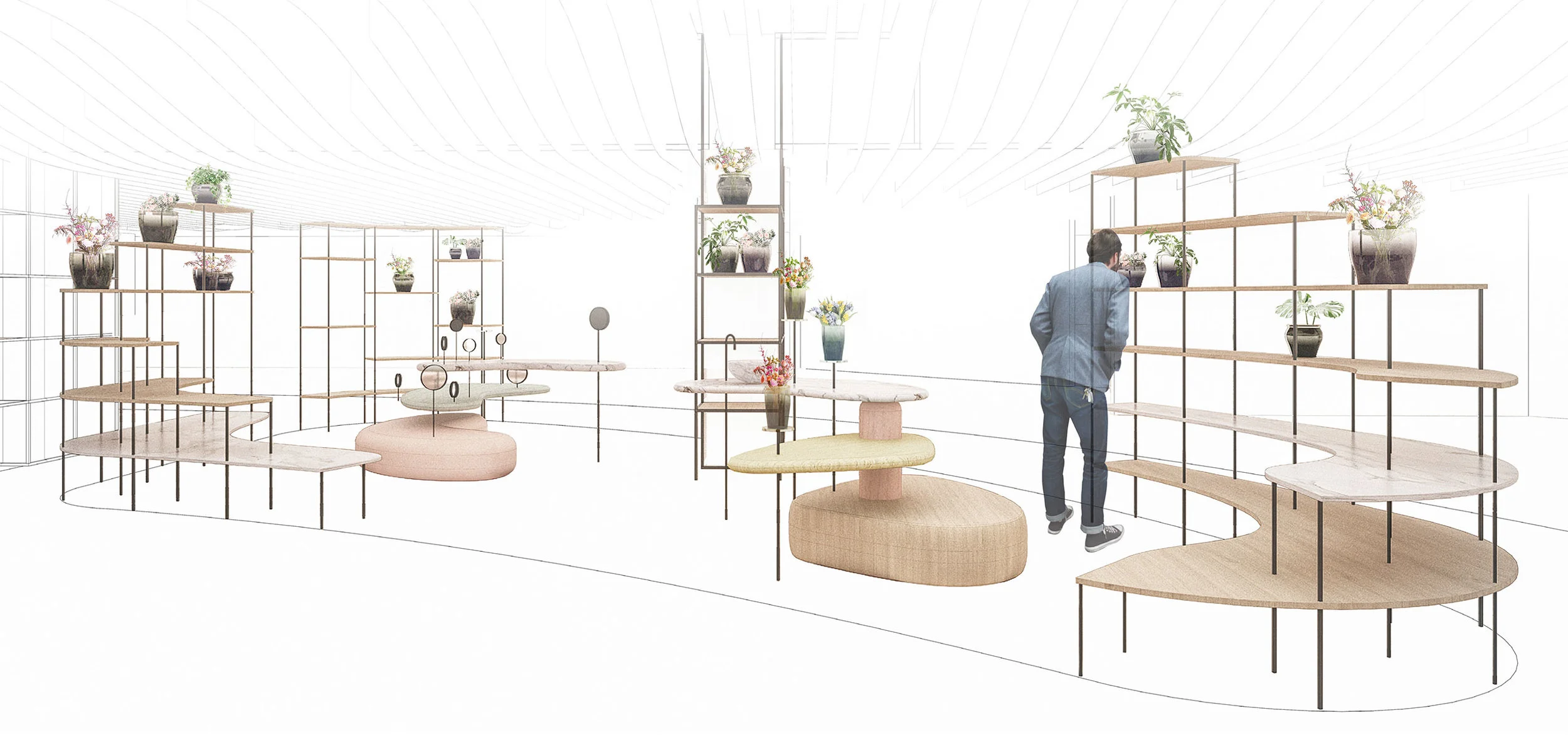 Illustration of the nature zone designed for TAX FREE at Copenhagen Airport dominated by wooden furniture and natural tones