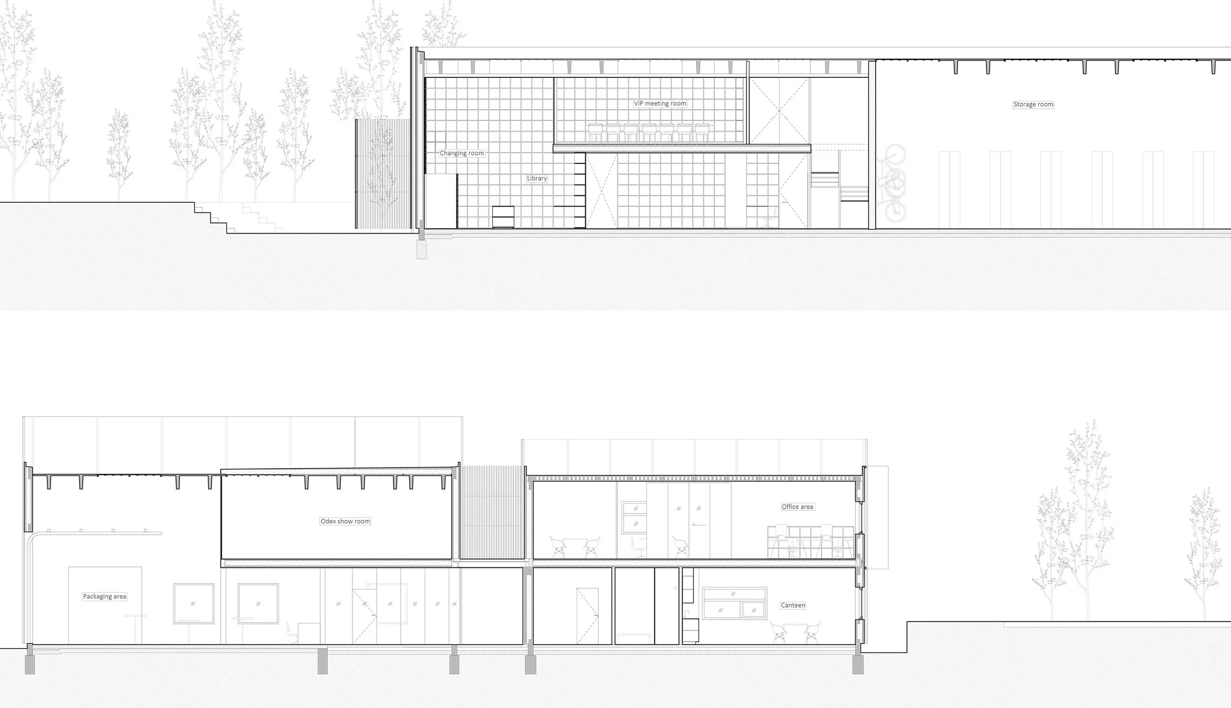 Sections (1:100) through A) Product Gallery, VIP meeting room and Storage / B) Packaging area, Odex Showroom, Office Spaces and Cantina.