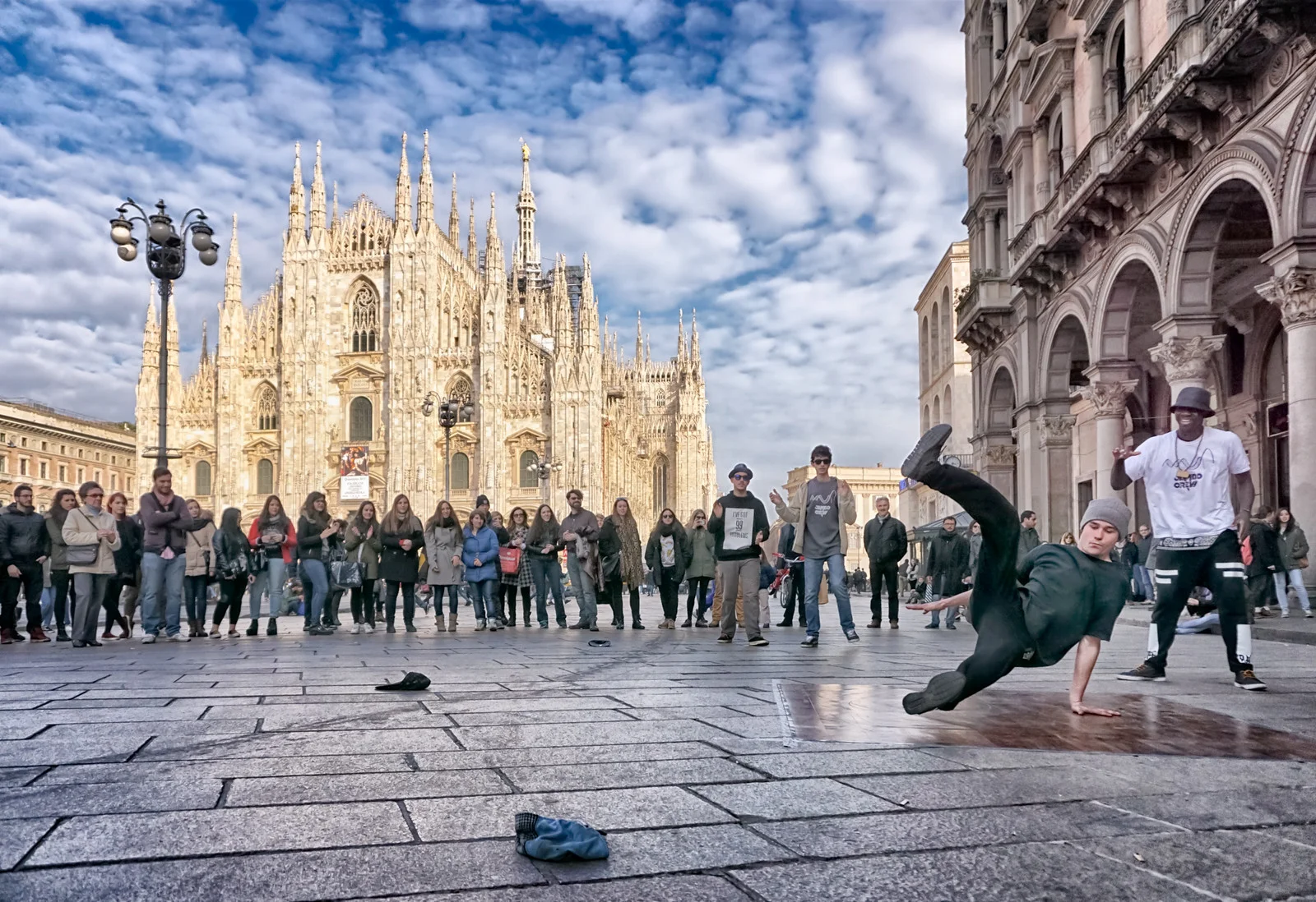 A break dancer in Piazza del Duomo in Milan.