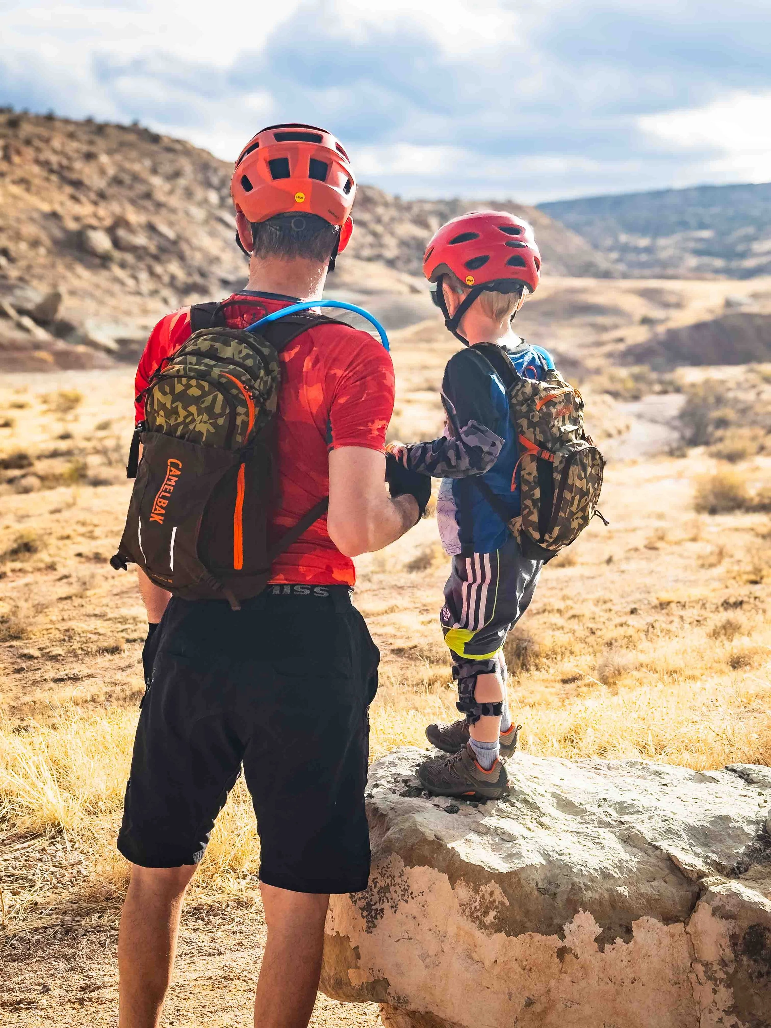 Father and son with matching Camelbak packs at Lunch Loops.