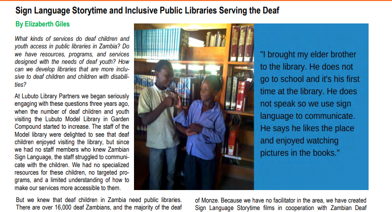 Giles, Elizabeth. "Sign Language Storytime and Inclusive Public Libraries Serving the Deaf," LIAZ July 2018 newsletter, edition 4