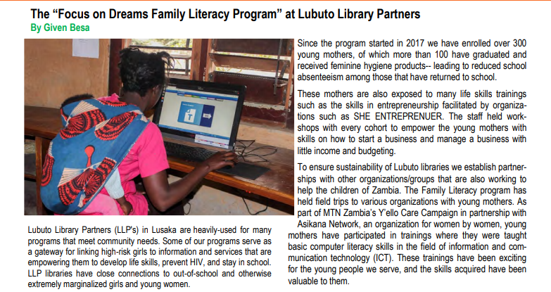 Besa, Given. "The 'Focus on Dreams Family Literacy Program' at Lubuto Library Partners" and "My Motivation of being a LIAZ Member" LIAZ July 2018 newsletter, edition 4