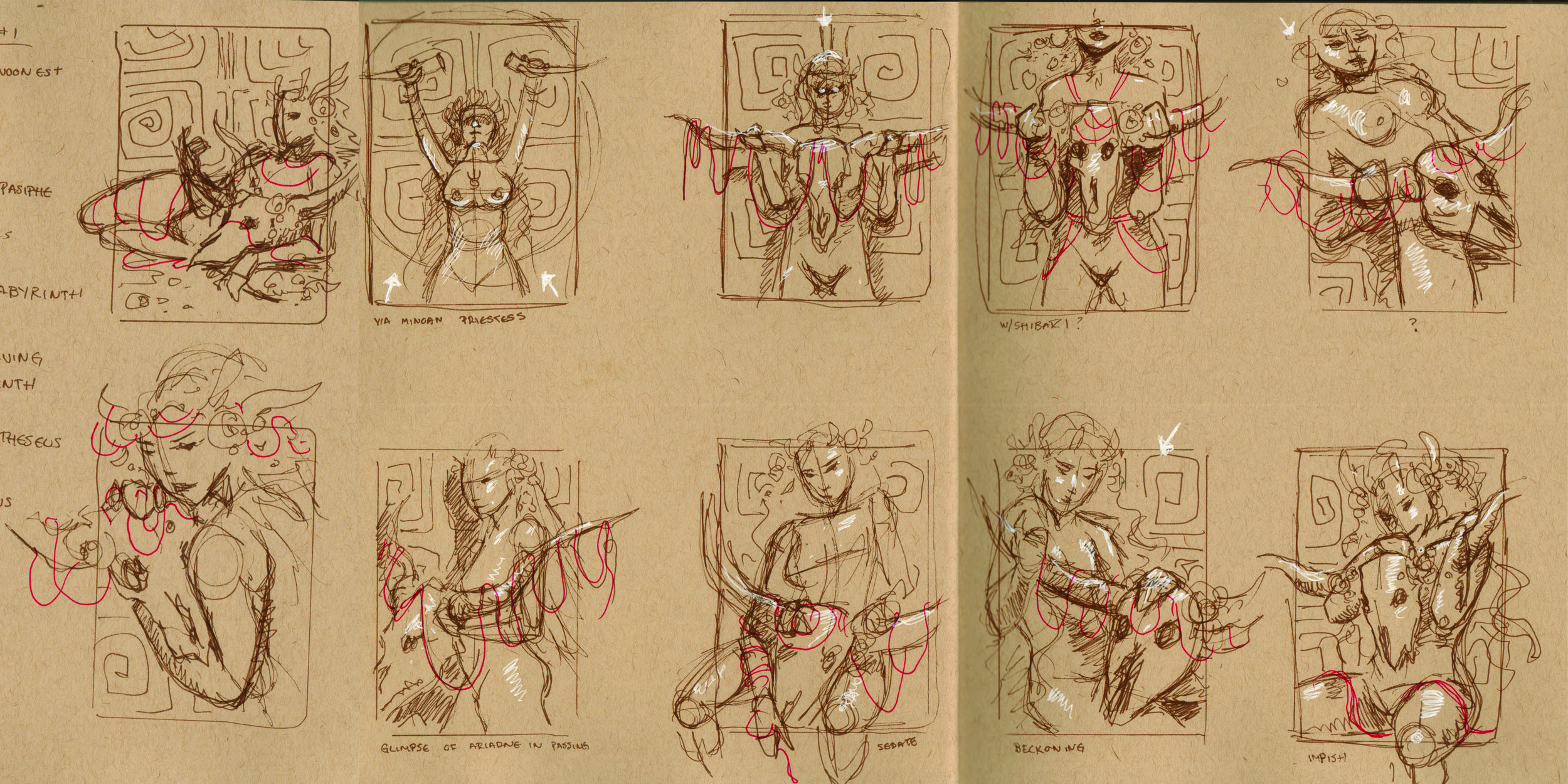Thumbnail ideas for Ariadne in a toned paper sketchbook