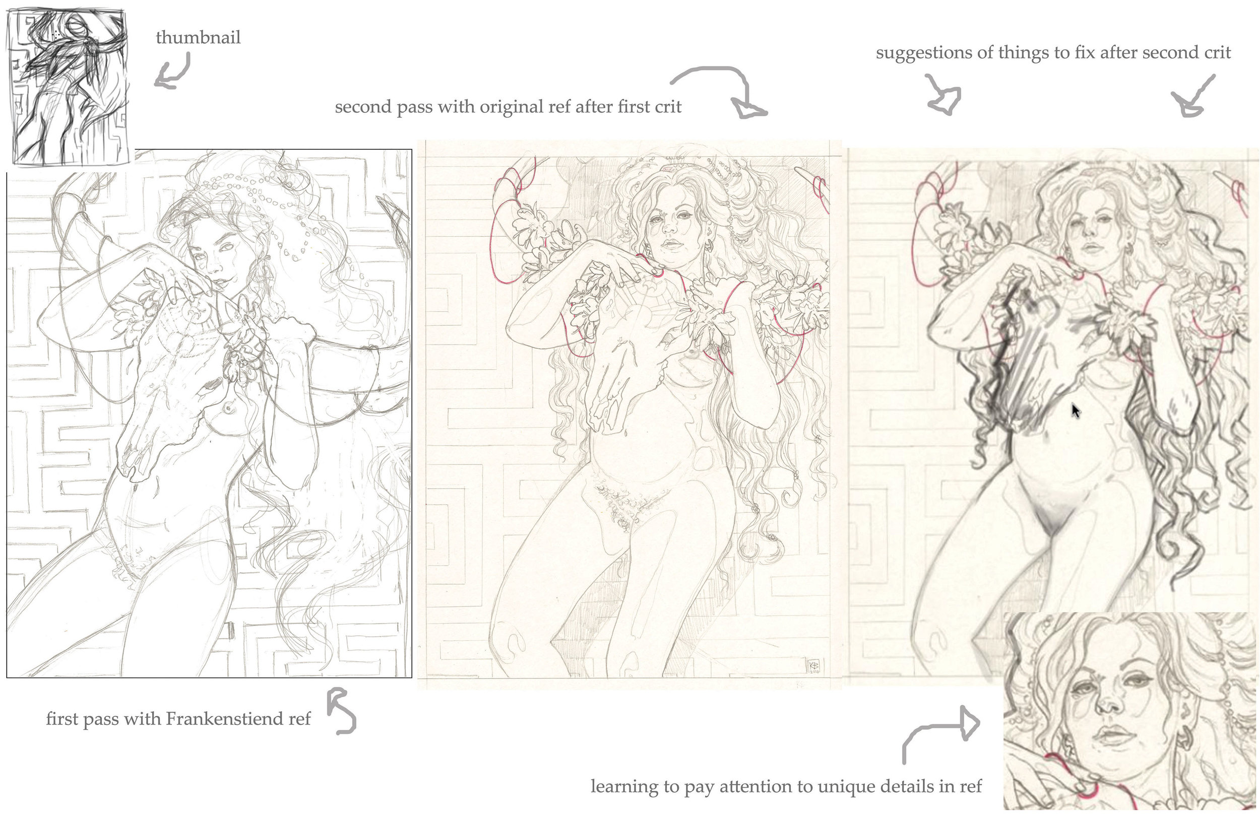 A bit of process: top left is the thumbnail generated by Rebecca. The following images are the result of me pushing myself on the drawing