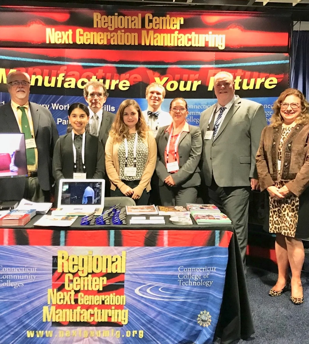 Left to Right: John Birch, MET2 Program; Maftuna Rakhimova, Manchester Community College; Ronald Silva, Gateway Community College; Lillian Orelup and Austin Ferguson, Northwestern CT Community College; Elena Bolotova, Tunxis Community College; James Lombella, Asnuntuck Community College and Tunxis Community College; Karen Wosczyna-Birch, RCNGM