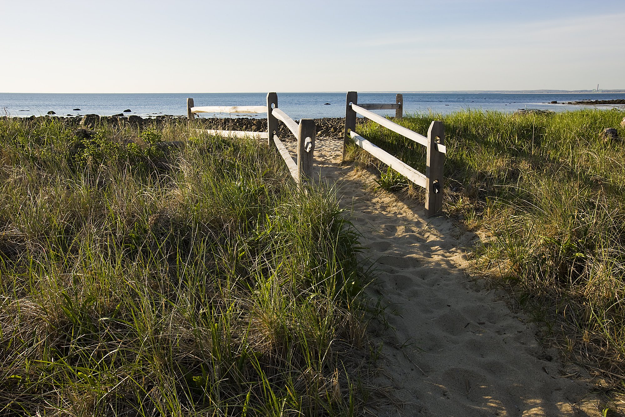  The path to the beach at the Center Hill Preserve in Plymouth, Massachusetts.  Cape Cod Bay. 