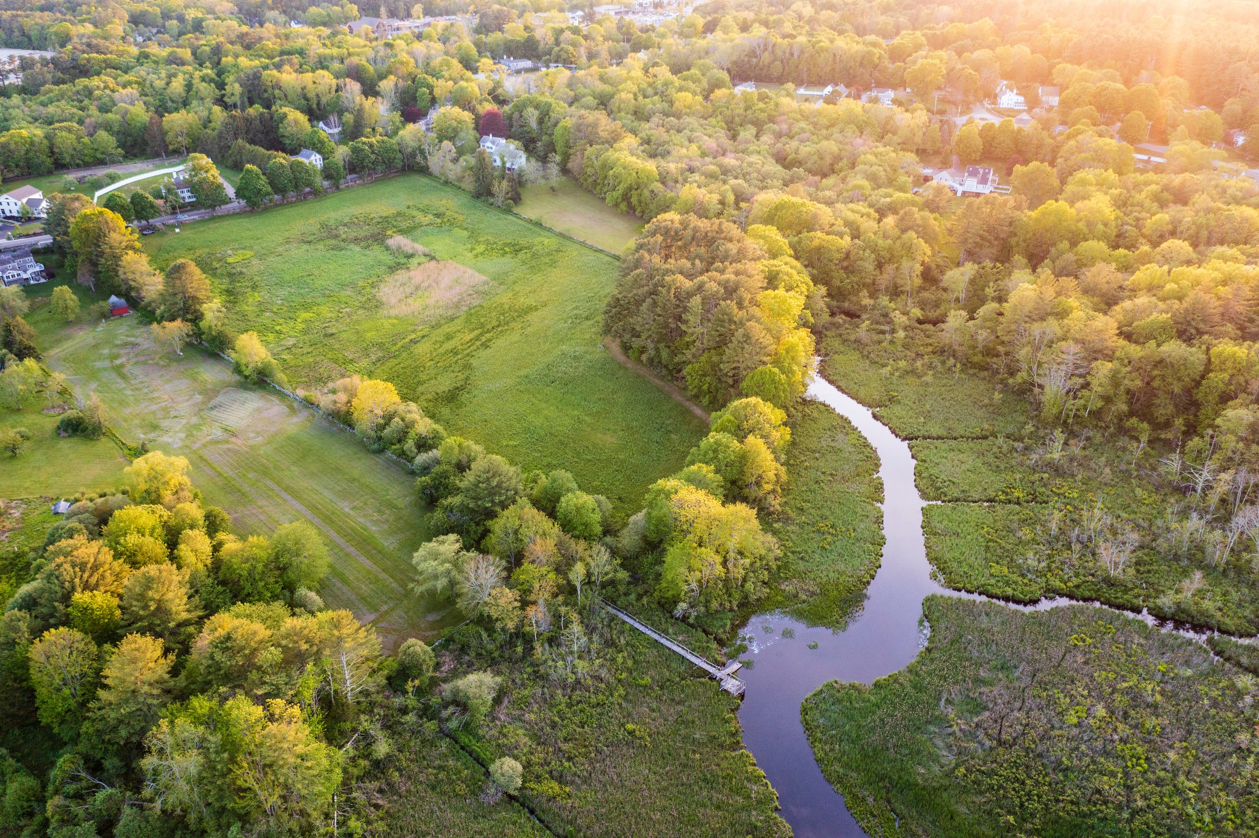  A drone's view of Sylvster Field and the Indian Head River in Hanover, Massachusetts. 