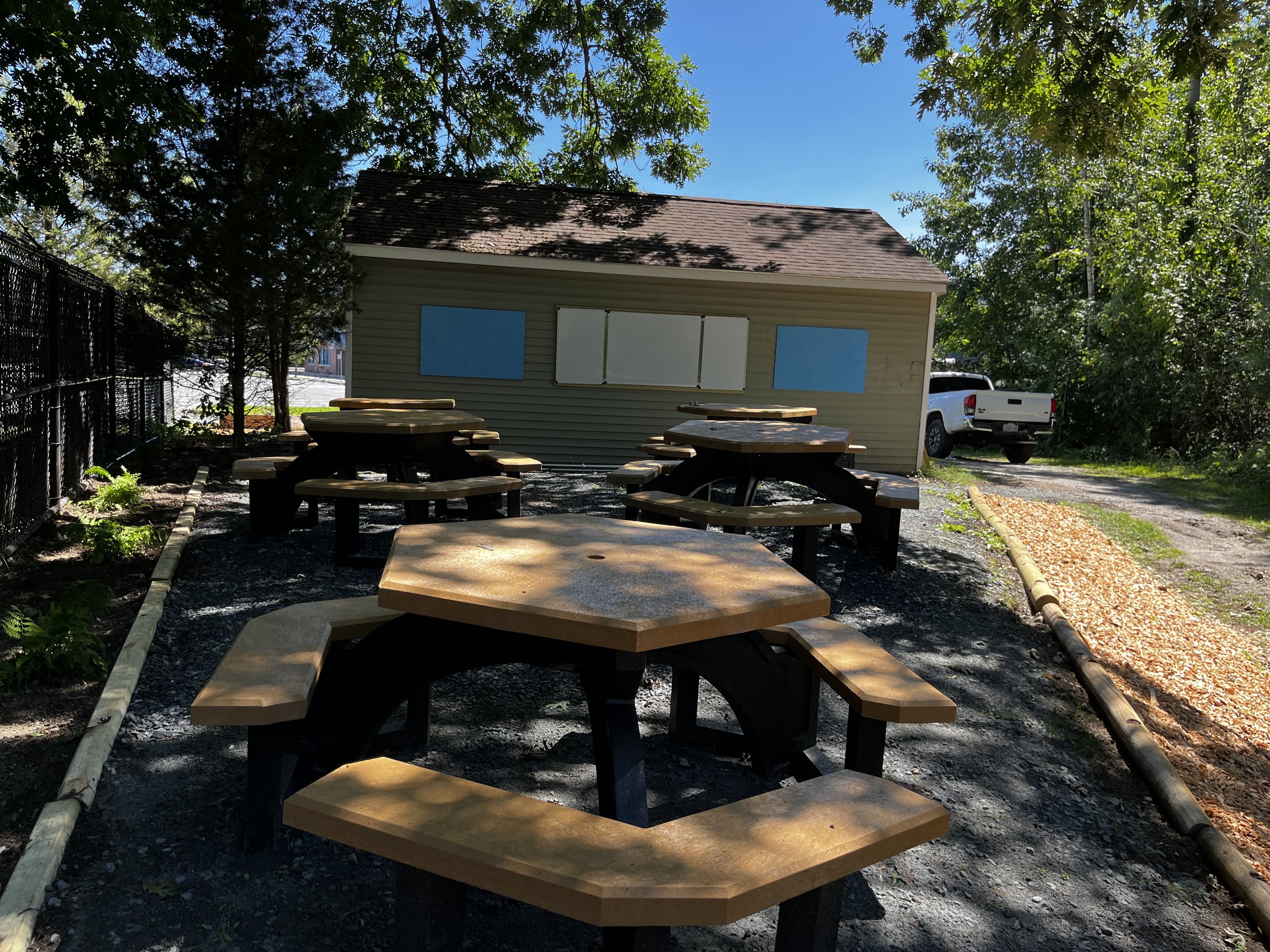 Picnic table area at the George School outdoor clasroom