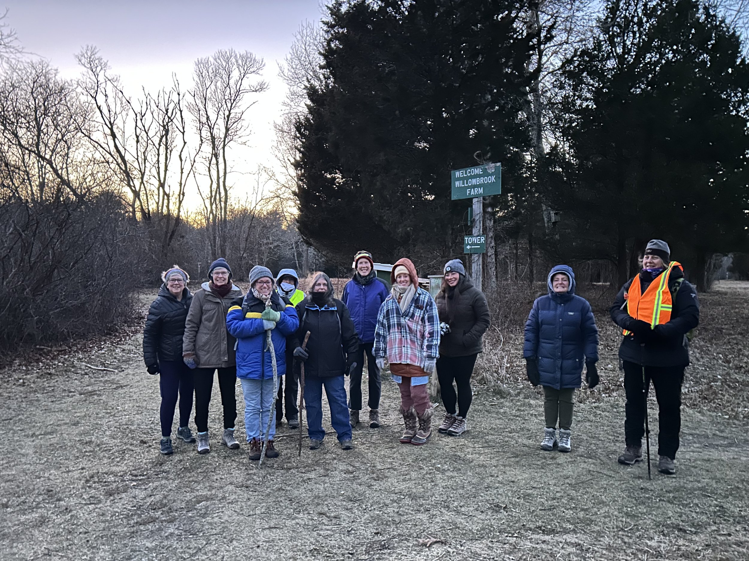  A group of hikers enjoy the trail at our chilly Leap Day Sunset Hike at Willow Brook Farm. 