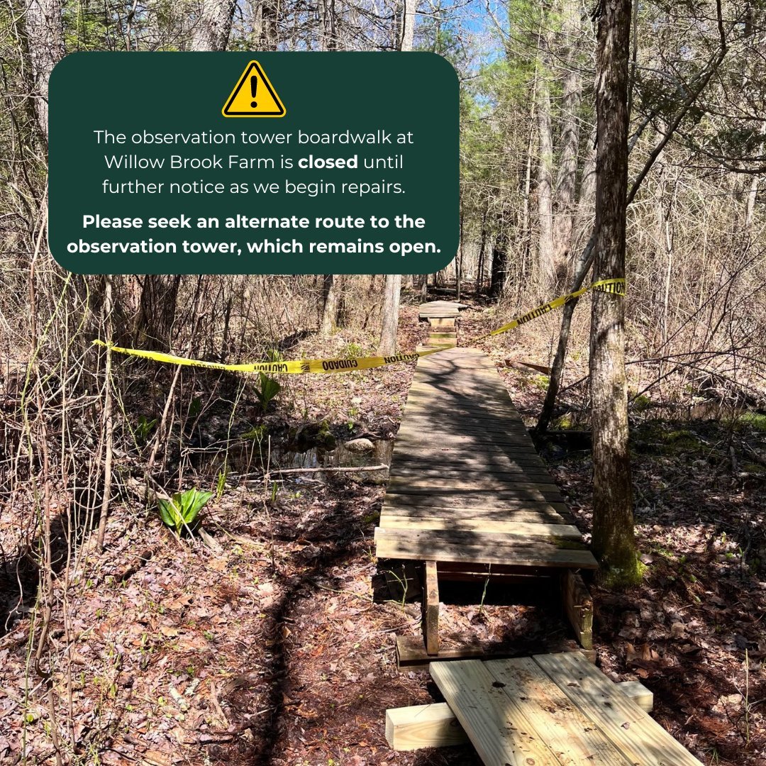 Improvement efforts are underway at Willow Brook Farm!

𝐏𝐥𝐞𝐚𝐬𝐞 𝐧𝐨𝐭𝐞: the boardwalk near the observation tower is closed until further notice as it undergoes repairs. Please seek an alternate route to the tower, which remains open.

𝐖𝐞 𝐧?