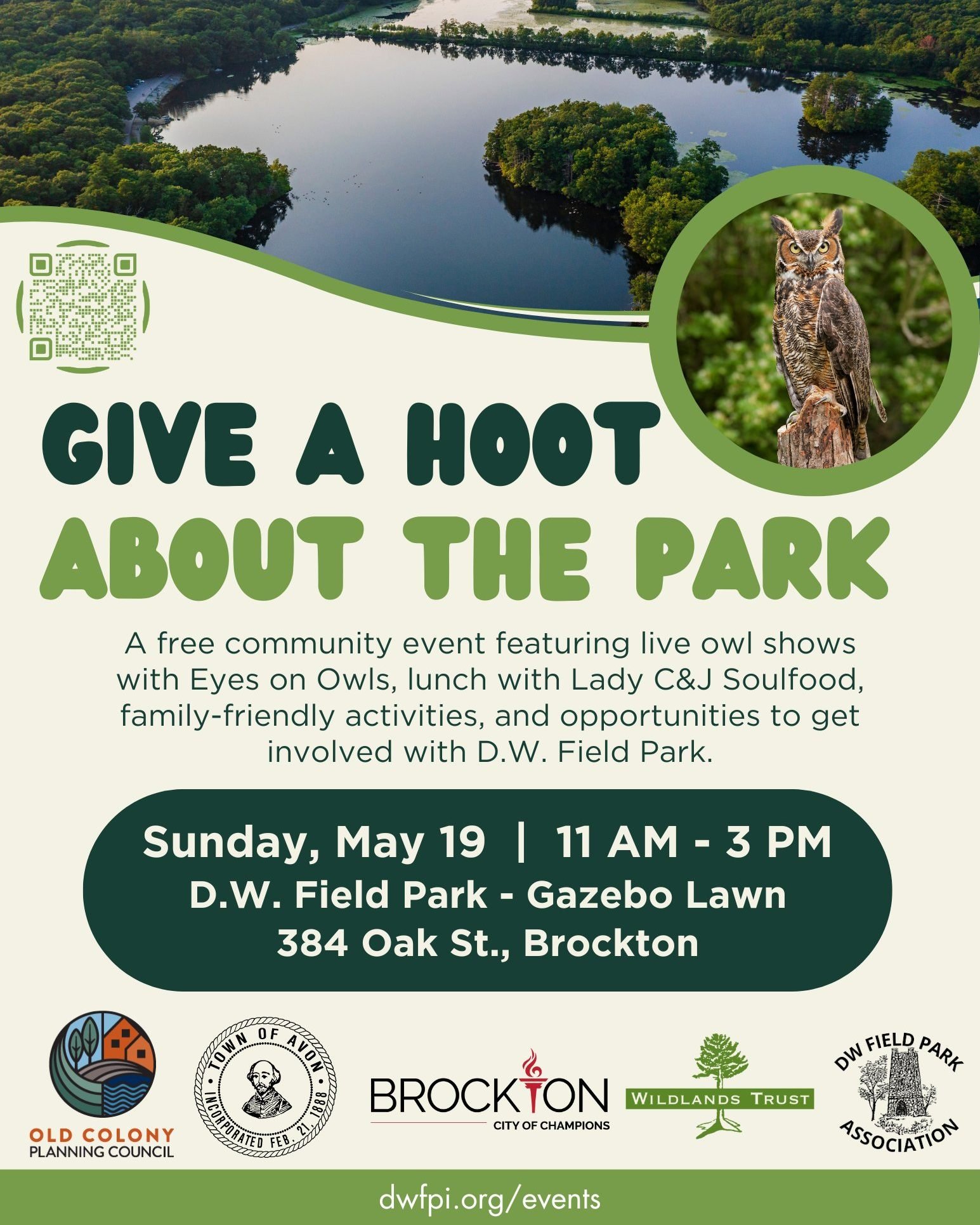 Big things are happening at D.W. Field Park. Do you give a hoot? 🦉

Join the @citybrockton, Avon, and Wildlands communities on Sunday, May 19, for a free public celebration of D.W. Field Park! Enjoy live owl shows from Eyes on Owls, lunch with @lady