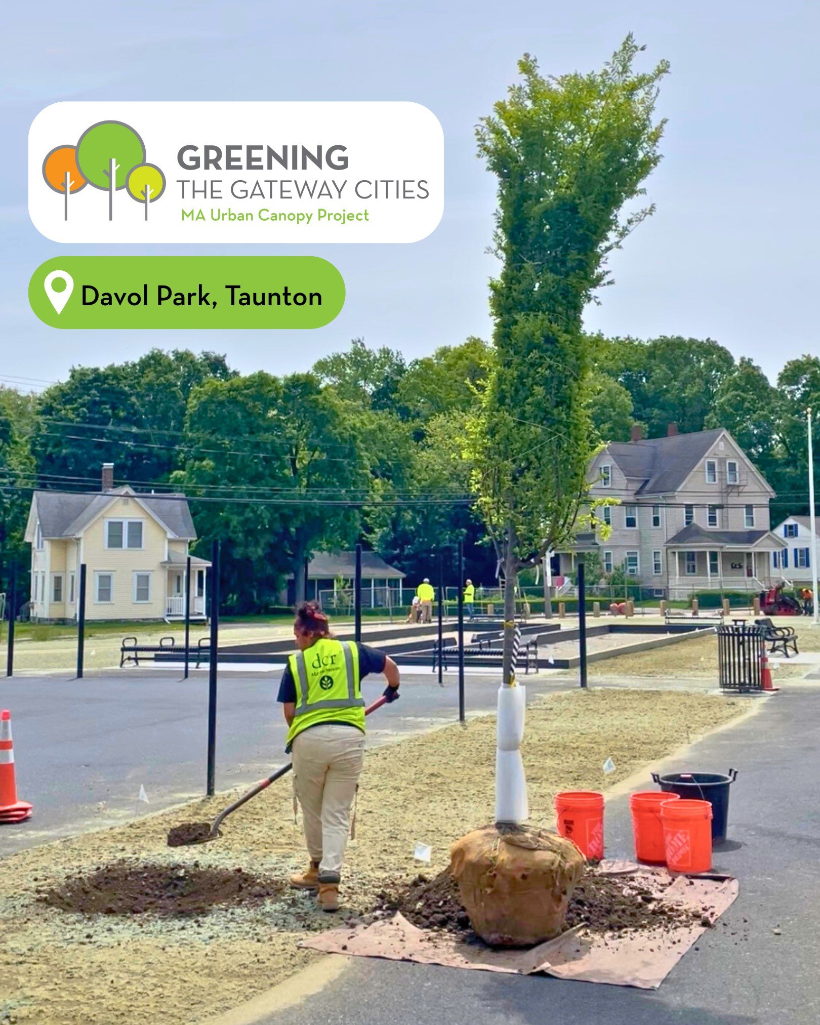 The Greening the Gateway Cities Program is making Taunton a cooler, cleaner, more beautiful place! 🌳

The Taunton planting crew is keeping busy this spring, planting about 60 trees at Davol Park in Taunton! A denser tree canopy will help shade the p