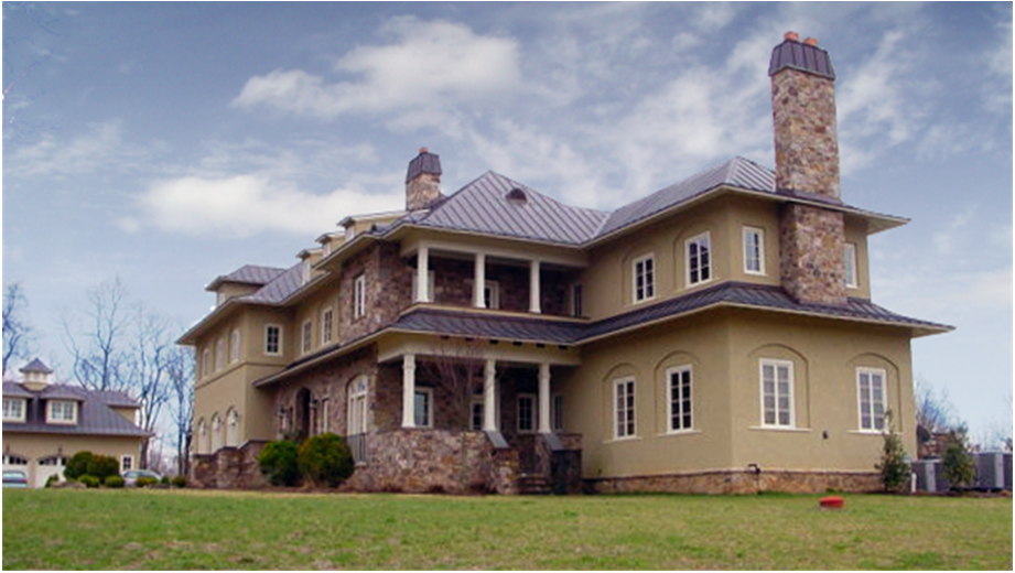 This new 8,500 square foot home is situated on a thirty-acre parcel of land northwest of the town of Middleburg, Virginia. The house is designed around the views toward the mountains, and the client’s desire for outdoor spaces for entertaining which capitalize on these available views. The house is divided into a wing which houses general functions such as the kitchen, dining room and family room, with children’s bedrooms above, and a wing with the master bedroom and a guest suite above. The two wings are separated by a two story volume great room with a large stone fireplace at the center of the house. The overall architectural expression of the house and the guesthouse is traditional. Materials and architectural detailing reflect the client’s desire for a vaguely French Country feel. The house is constructed using stone for the foundations, chimneys and selected areas of exterior wall, stucco over 2x10 wood framing, and copper roofing and chimney caps. Windows are wood French casements. Porches and terraces are paved in bluestone. Porch roofs are constructed of painted beaded wood, and the eaves feature exposed painted wood dovetailed rafters