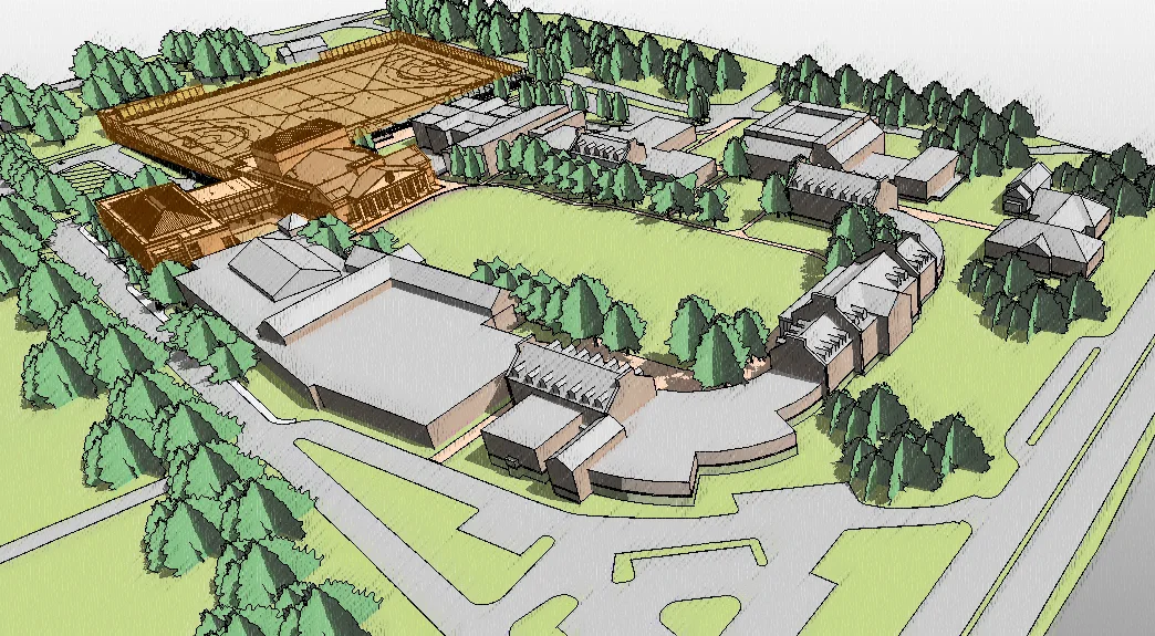 This master planning study centered around St Catherine’s desire to enhance the facilities serving the Arts programs; Theater, Dance and Studio Arts, and what effect that these improvements may have on the campus as a whole. An associated part of this planning work involved the desire for a new artificial turf athletic field. A programming study was initiated to determine the approximate square footage requirements of the programs and field moving forward, along with a study of the campus zoning criteria, and campus infrastructure, traffic and parking. The central theme of this scheme is driven by the idea of extending the green space on the upper portion of the campus down into the southern portion of the campus. The central spine of campus that originates at the upper lawn and transitions from the character of an open lawn, to a smaller study lawn, through an amphitheater and accessible walk, into a series of lower lawns and plazas that relate to the architecture of the proposed performing arts center and the sports field. The amphitheater is envisioned as a central space on campus that can be used as an outdoor performance venue, outdoor classroom, or for school events, such as convocation. A bosque of trees screens the existing physical plant from the amphitheater and provides shade along the perimeter of the space. 