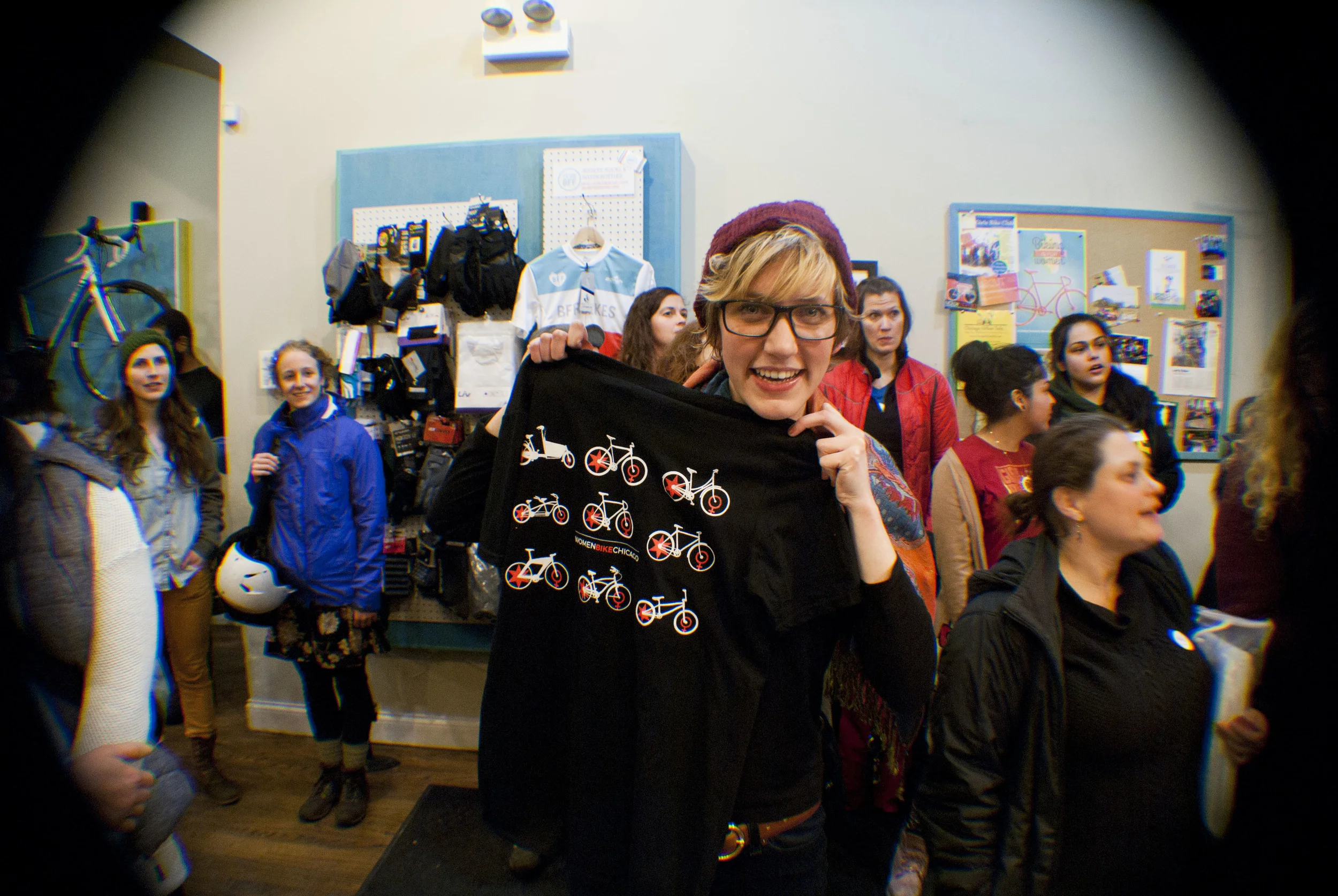 Our raffle winner of one of the first Women Bike Chicago t-shirts!