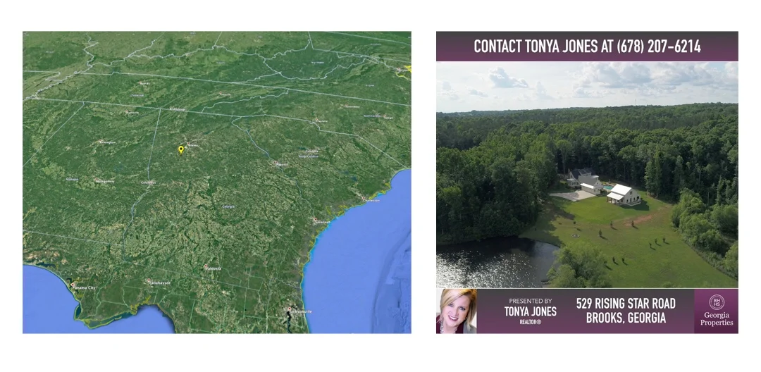 Screenshots of satellite imagery (left) and a video ad (right).