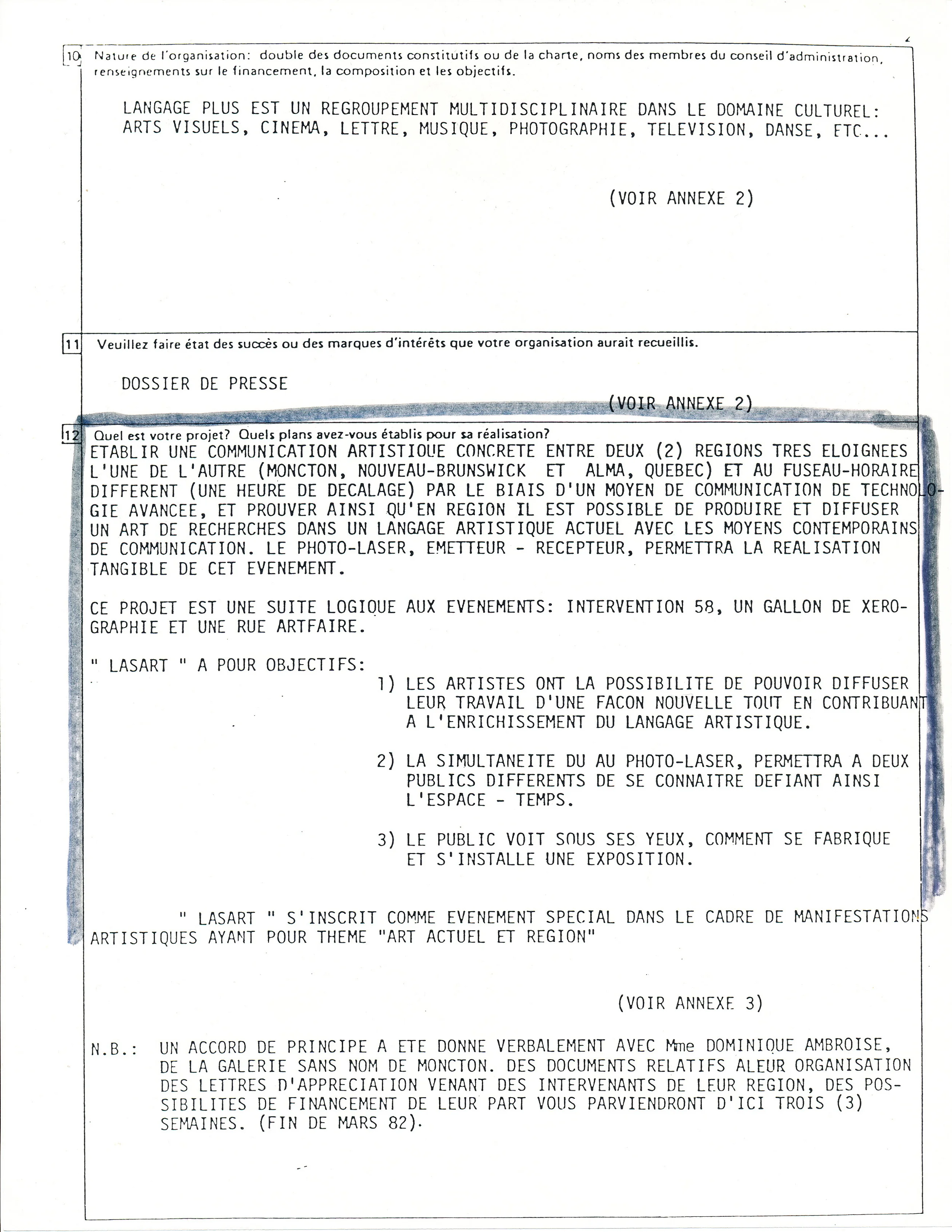 Document original : Extrait d'une demande de subvention où on peut lire les objectifs du projet LASART..