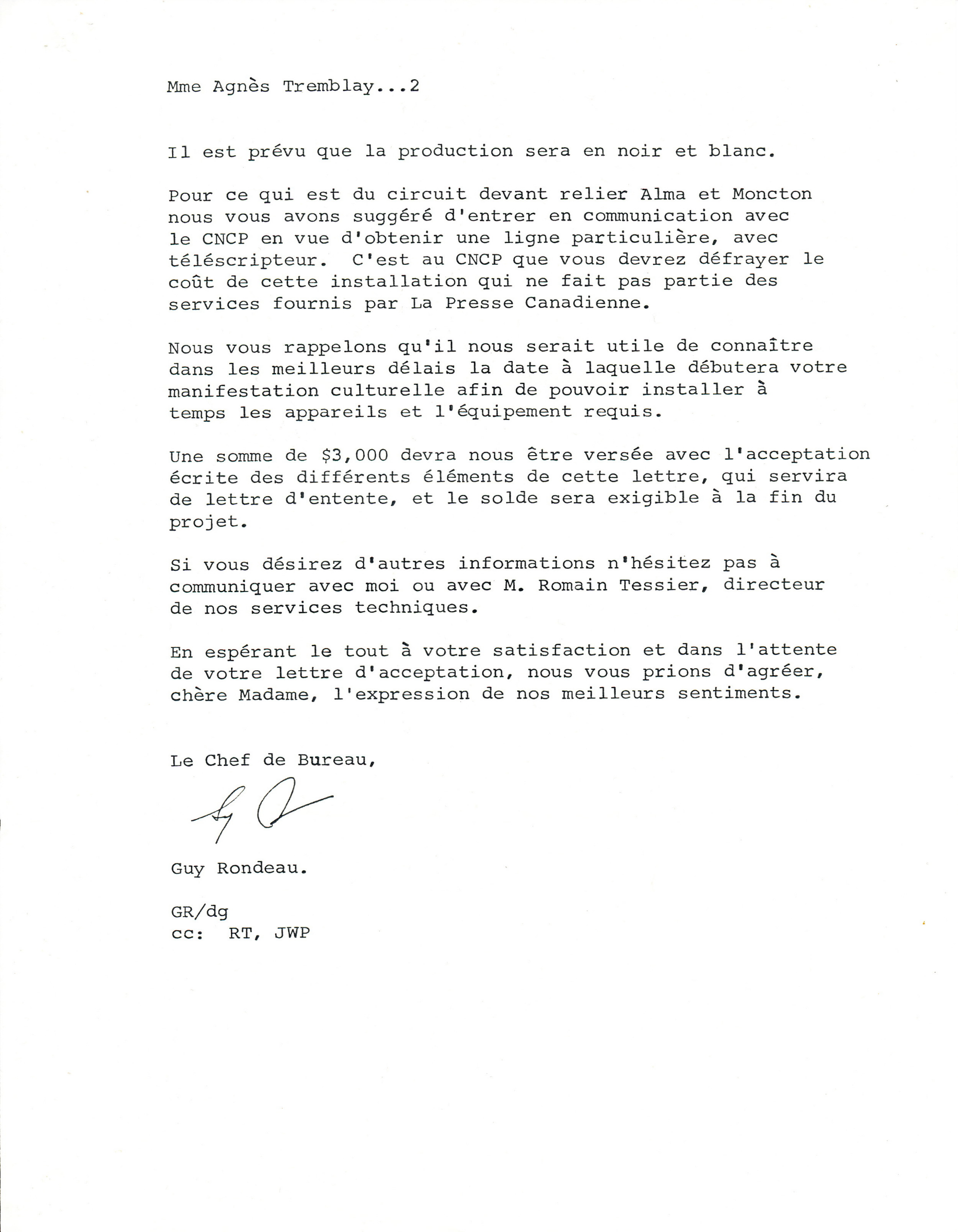 Document original : Lettre à Agnès Tremblay ( Langage Plus) de la part de La Presse Canadienne confirmant le prêt des machines. 2/2