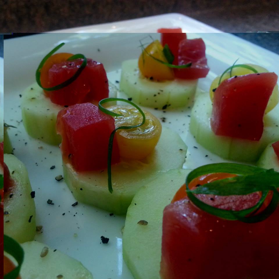 Heirloom Tomato Cucumber Bites with Golden Beet Drizzle