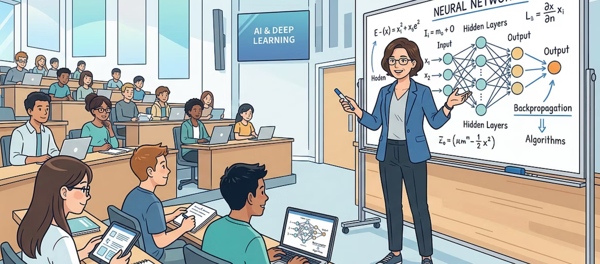teacher with a full class of college students discussing AI & Deep Learning