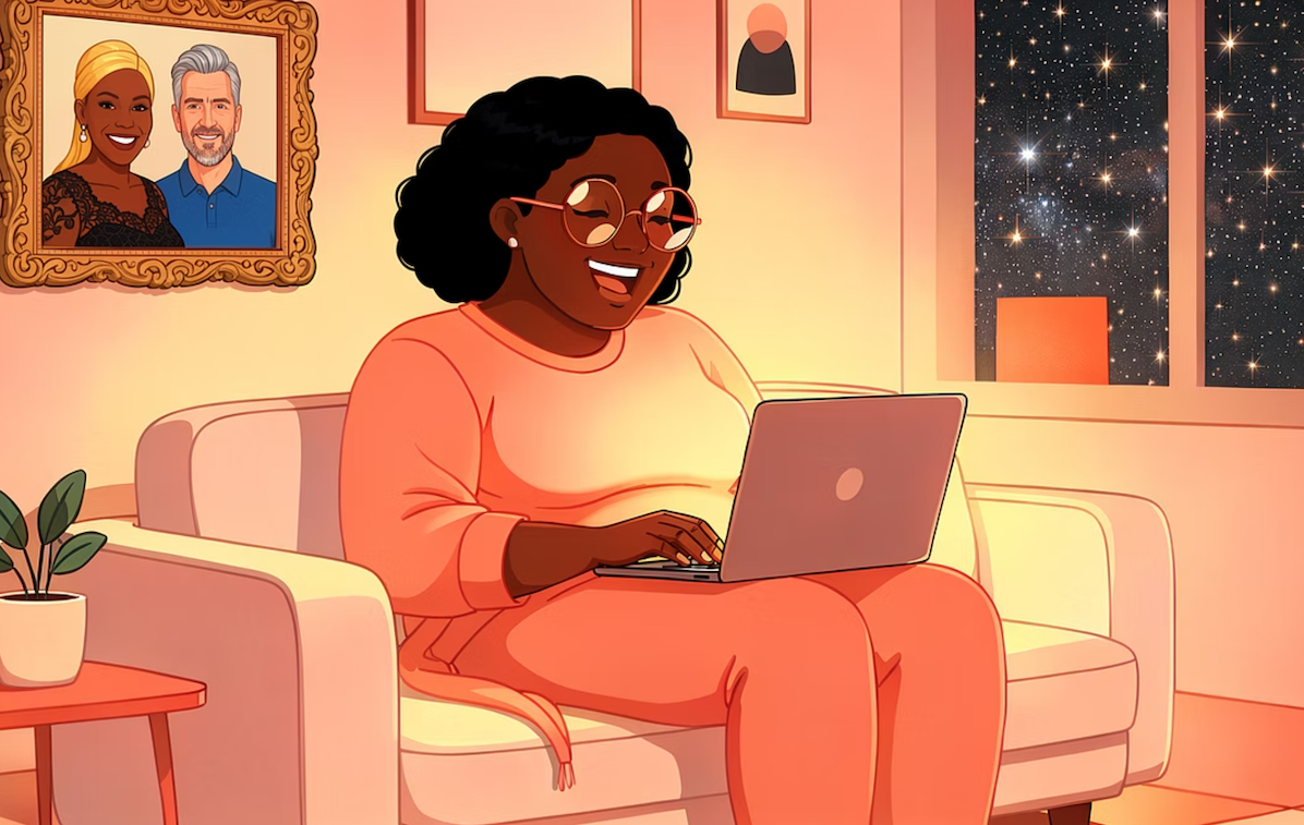 black woman with glasses sitting on the couch with laptop with a framed picture of andy cohen and nene leakes behind her on the wall.