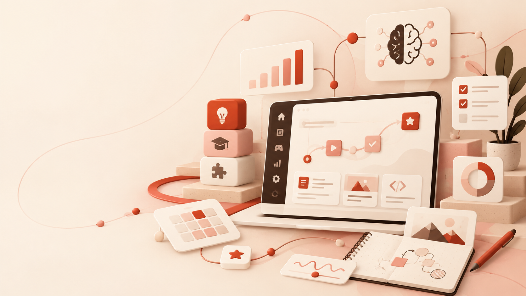 a desk with several digital tools and a mind icon