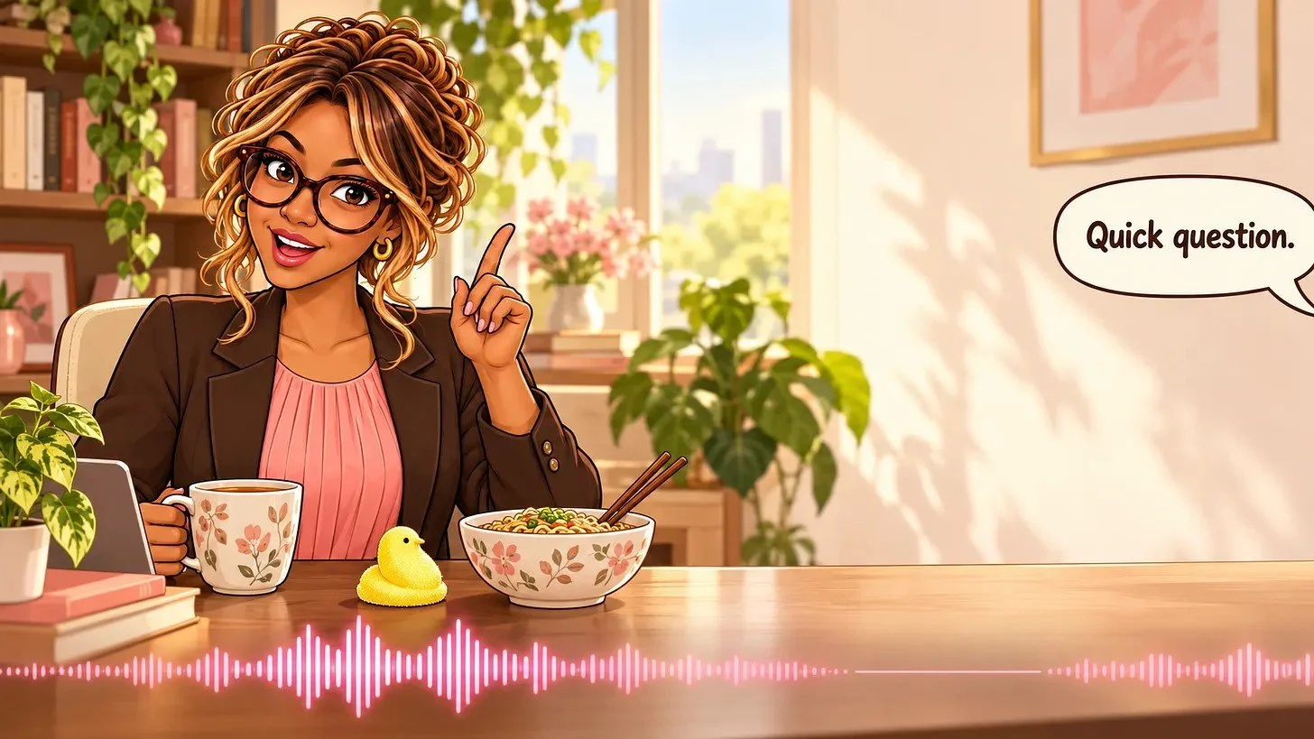 Illustration of Dr. A at her desk with a voice waveform, asking a quick question