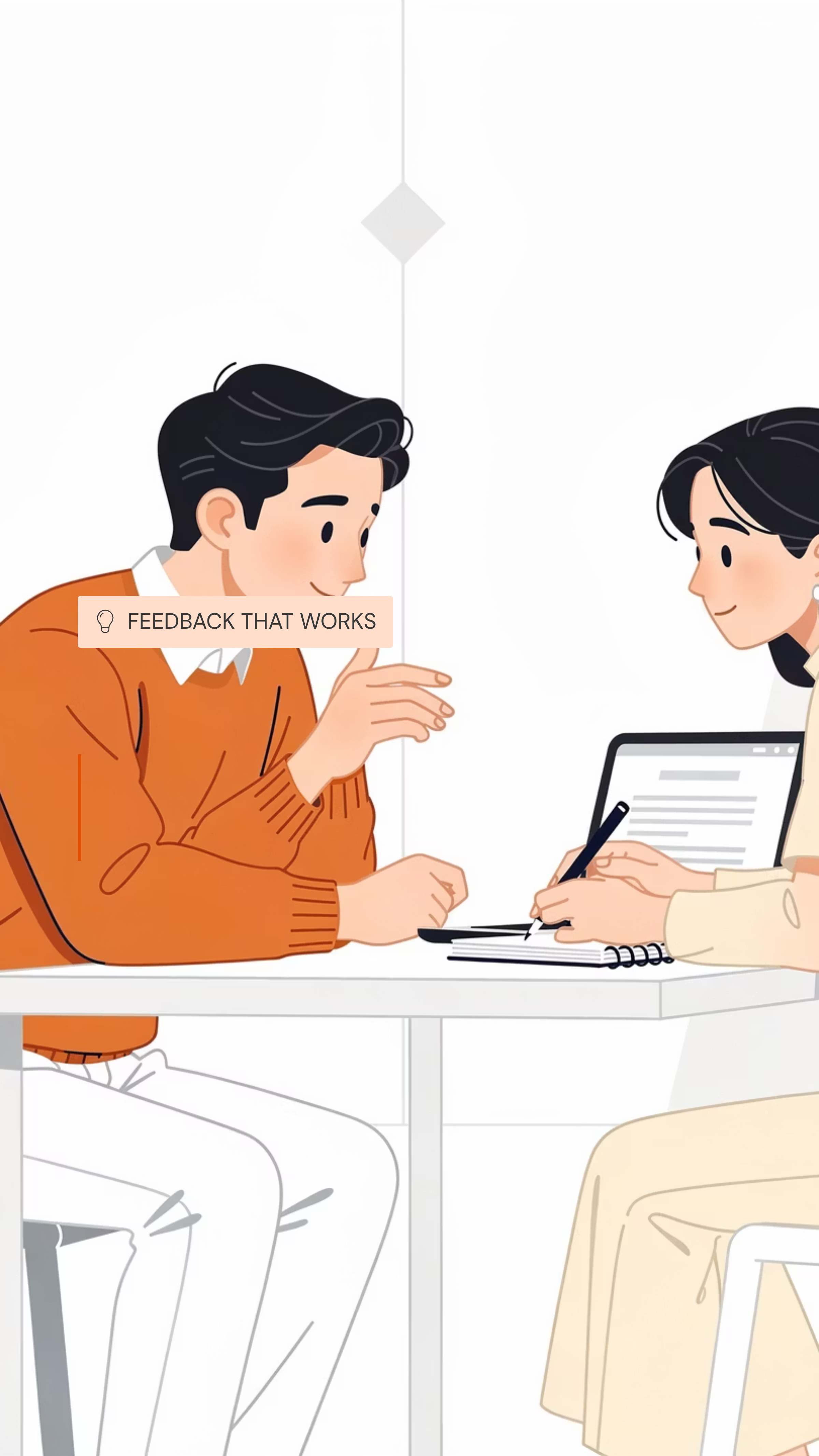 two people having a discussion while taking note in a notepad. a laptop is open on their table.