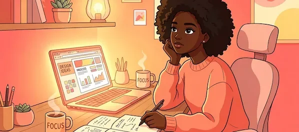 Woman sits at desk. Her lap top is open. Her coffee cup has the word FOCUS on front of it and is filled with hot coffee as indicated by the steam. She appears to be thinking while writing in her notebook.