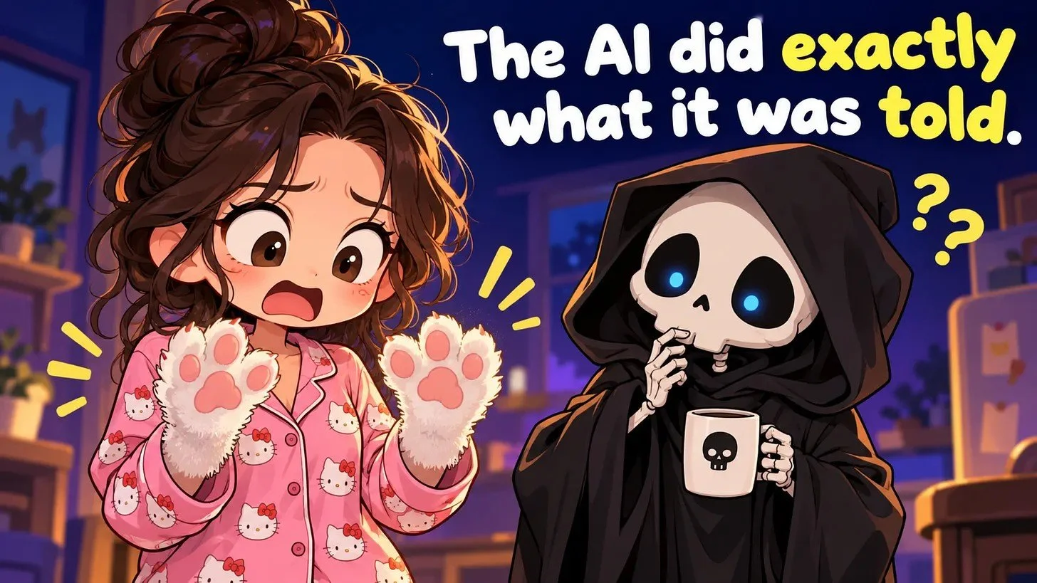 Comic panel of a startled woman in pajamas next to a small reaper holding coffee, captioned the AI did exactly what it was told
