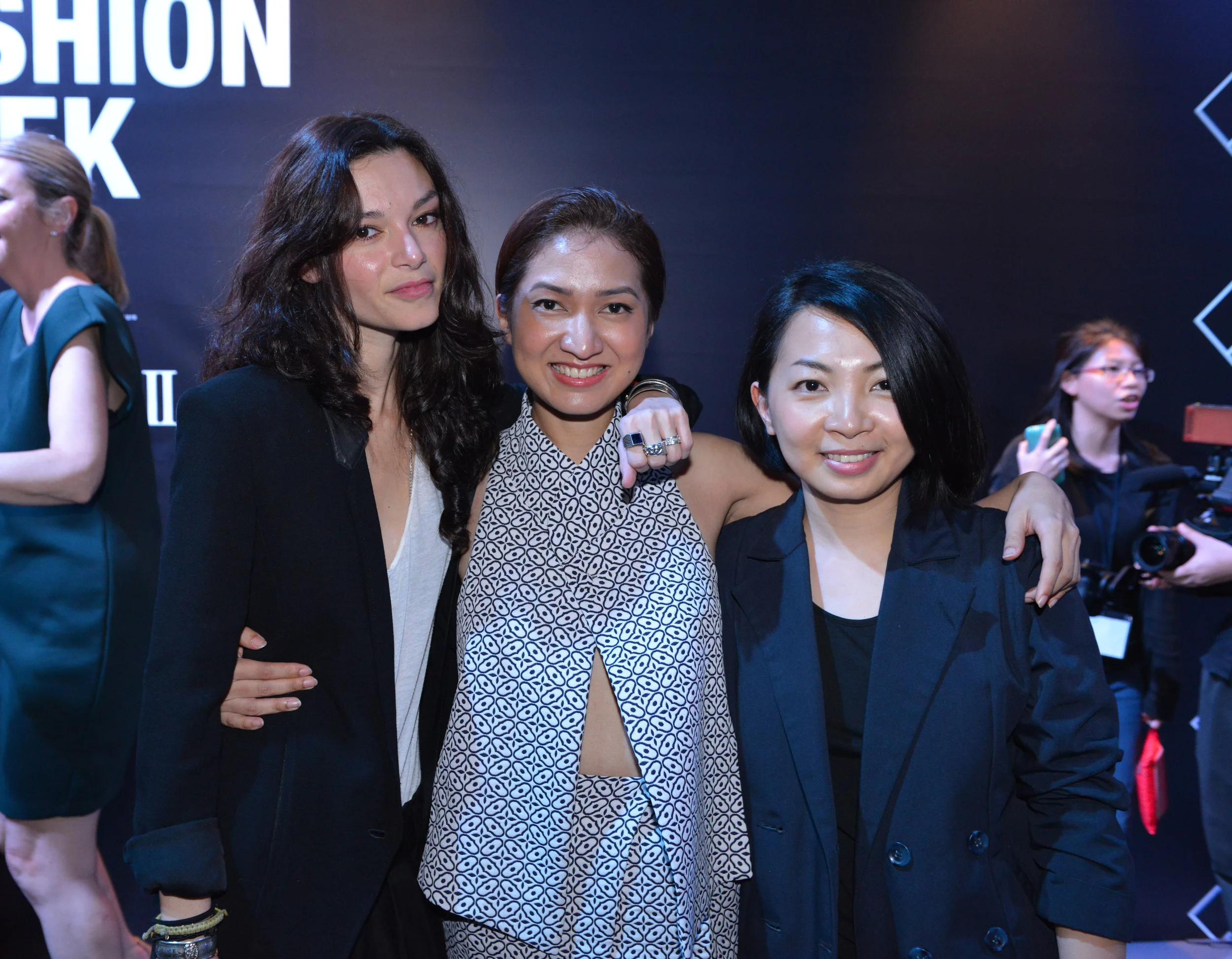 Singaporean designers Chelsea Scott-Blackhall of Dzojchen, Priscilla Shunmugam of Ong Shunmugam, and Sabrina Goh of Elohim (Credit: Adrian Thoo)