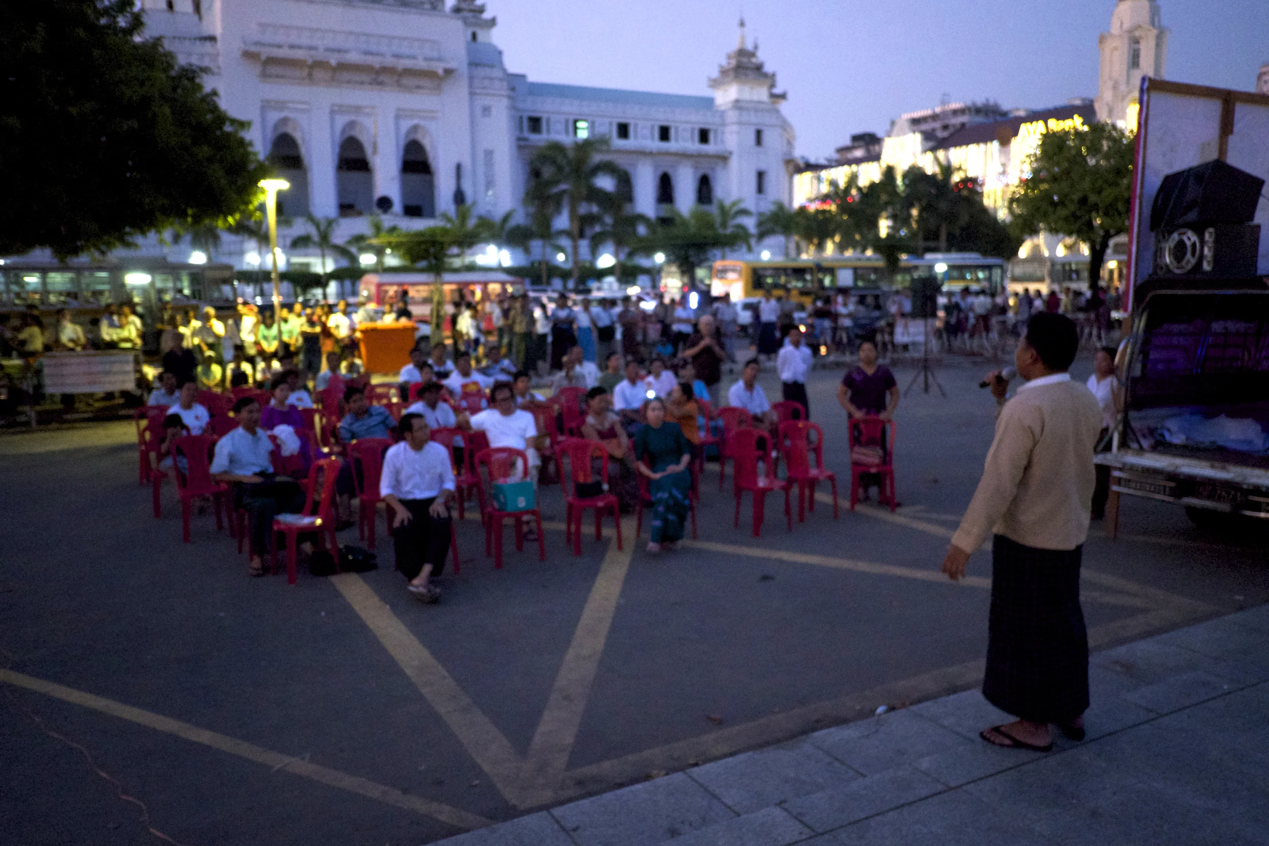 National Democratic Force candidate Kyaw Thu Ya holds a rally in Rangoon. (Credit: Dene-Hern Chen)