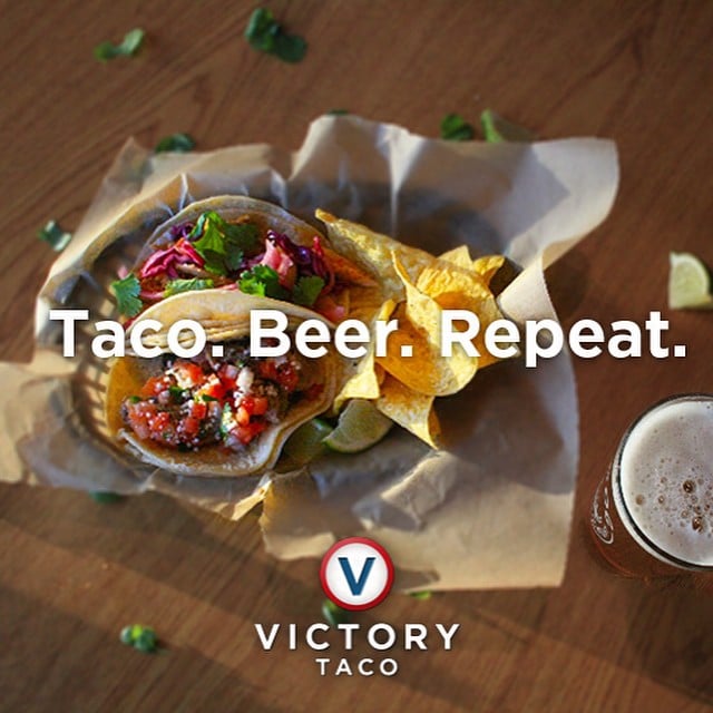Sip a beer. Take a bite of taco. Repeat. Beer and tacos at @whitedogbrewing - what a combo! #craftbeer #whitedogbrewing #victorytaco #vicyorytacos #tacos #downtownbozeman #bozeman