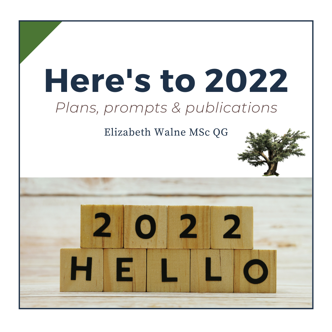 Branded 'Here's to 2022' graphic, featuring 'Hello 2022' image and blog title: Plans, prompts & publications