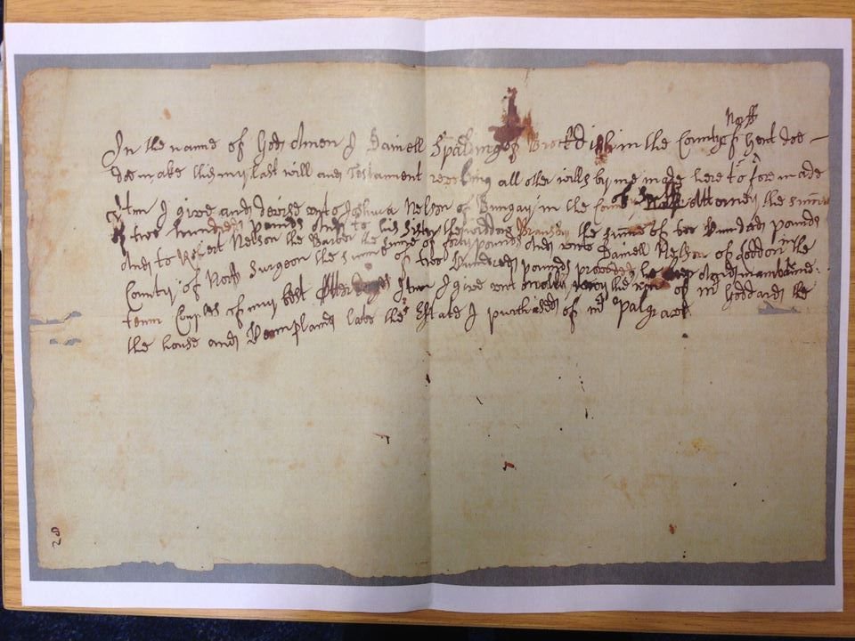 A photograph of an incomplete 1733 (approx) will, complete with ink splodges and wobbly lines.
