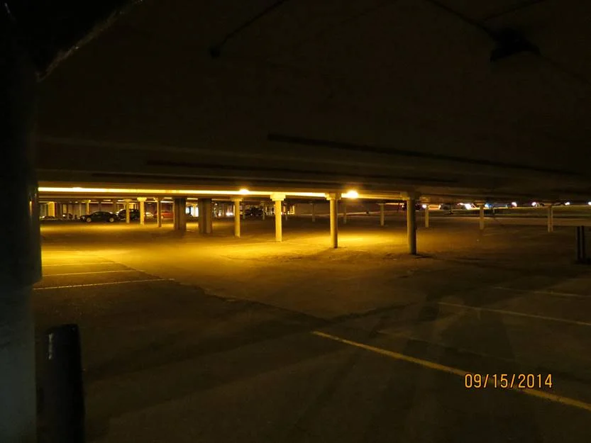 Parkade 150W HID luminaires. .35 fc average.