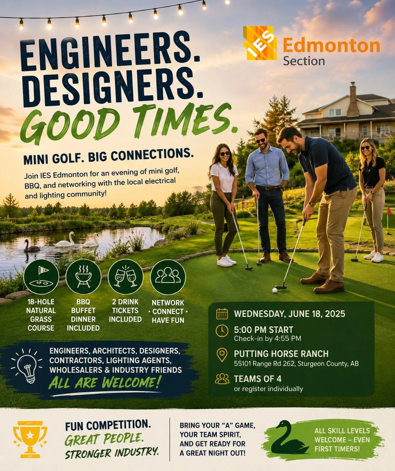 ⛳⚡ WARNING: Competitive engineers and lighting designers have officially been released onto a mini golf course.

Join Illuminating Engineering Society Edmonton at Putting Horse Ranch for a night of:
🔥 BBQ
🏌️ Mini golf
💡 Lighting talk
😂 Friendly t