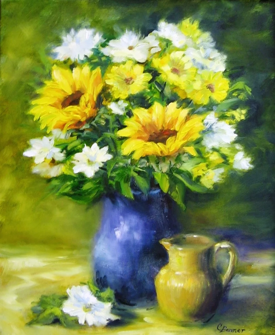 Sunflowers & Daisies with Yellow Pitcher