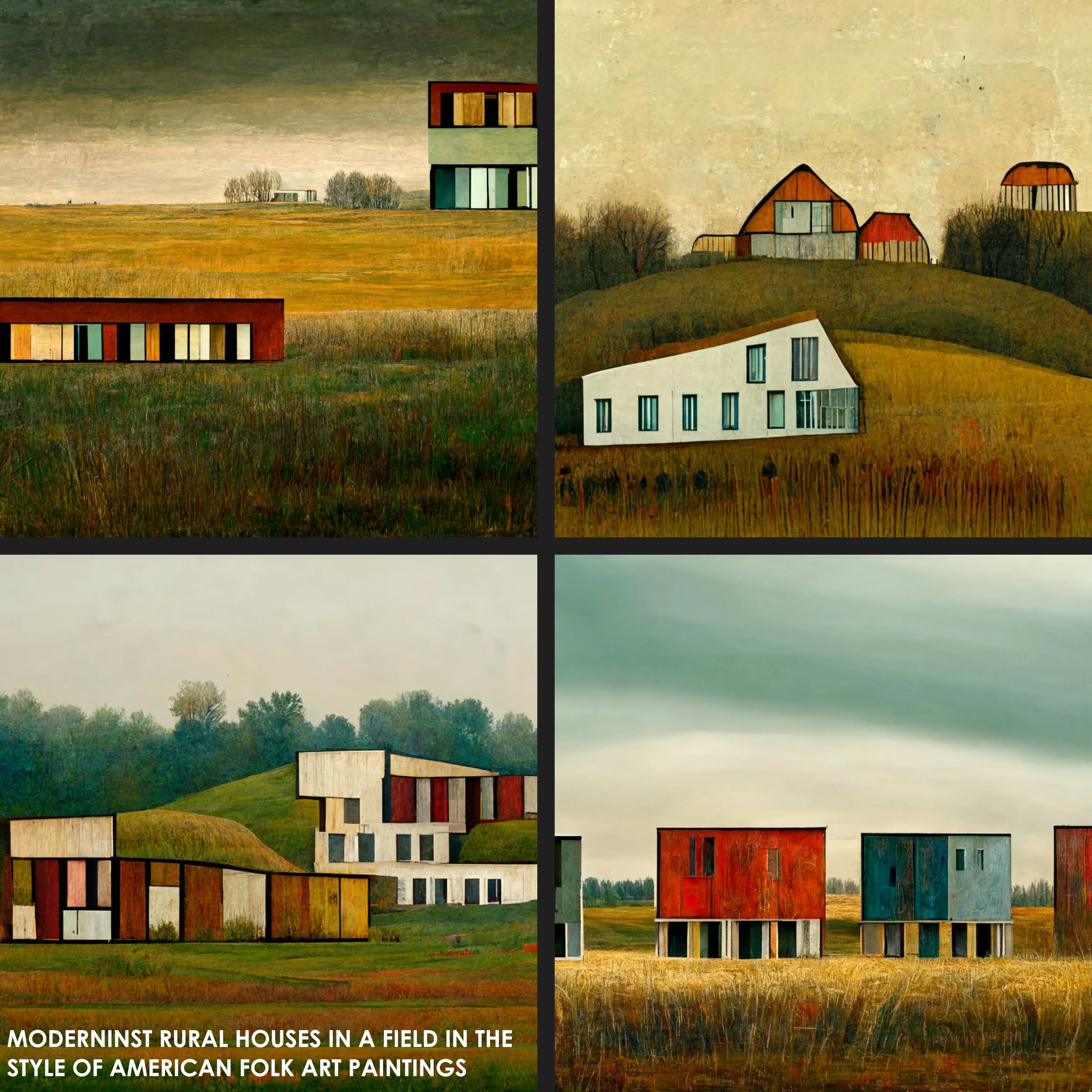 Modernist Rural Houses in a Field in the Style of American Folk Art Paintings
